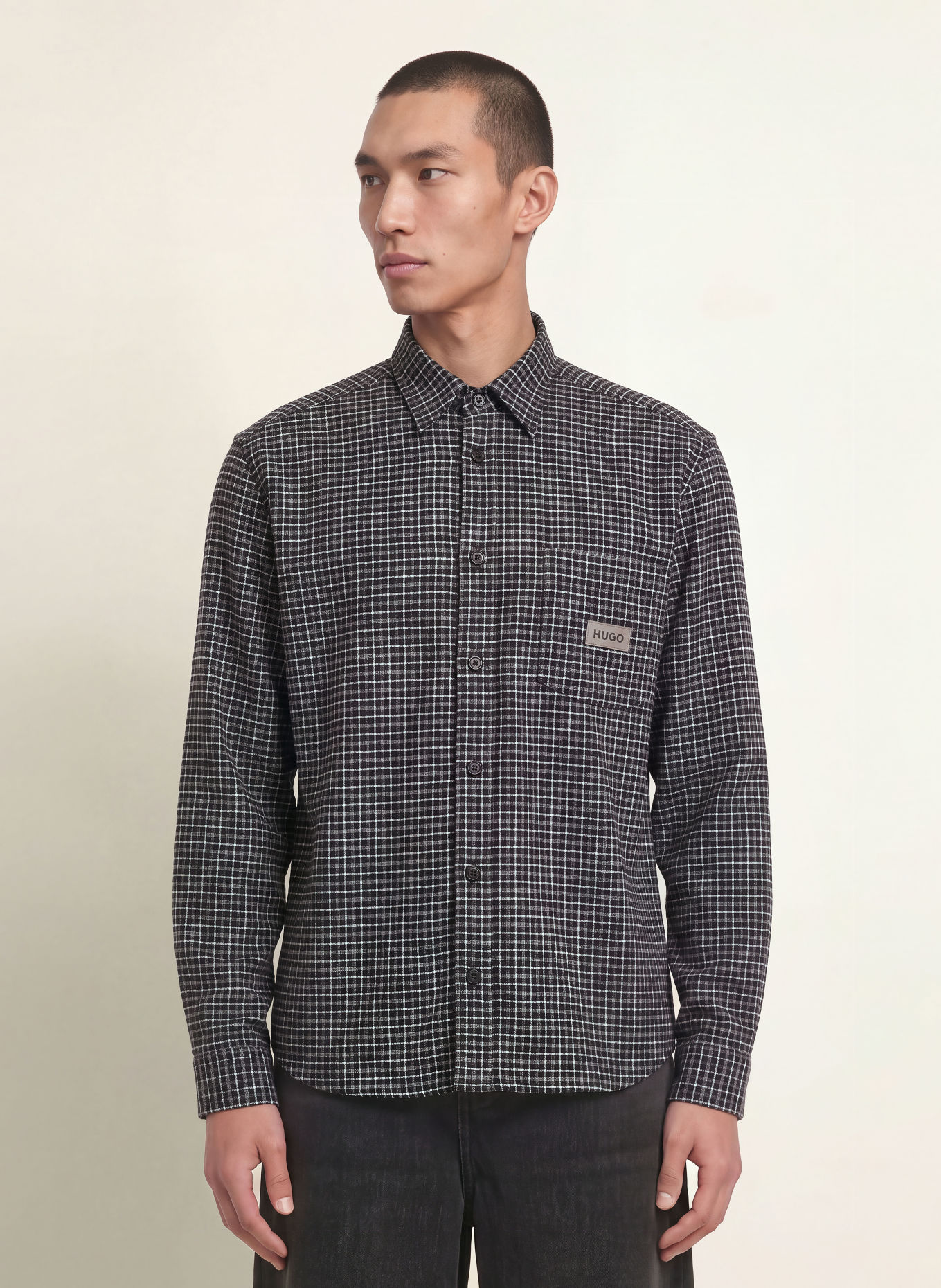 HUGO EBALTO Oversized Fit Flannel Shirt: BLACK / GRAY / WHITE