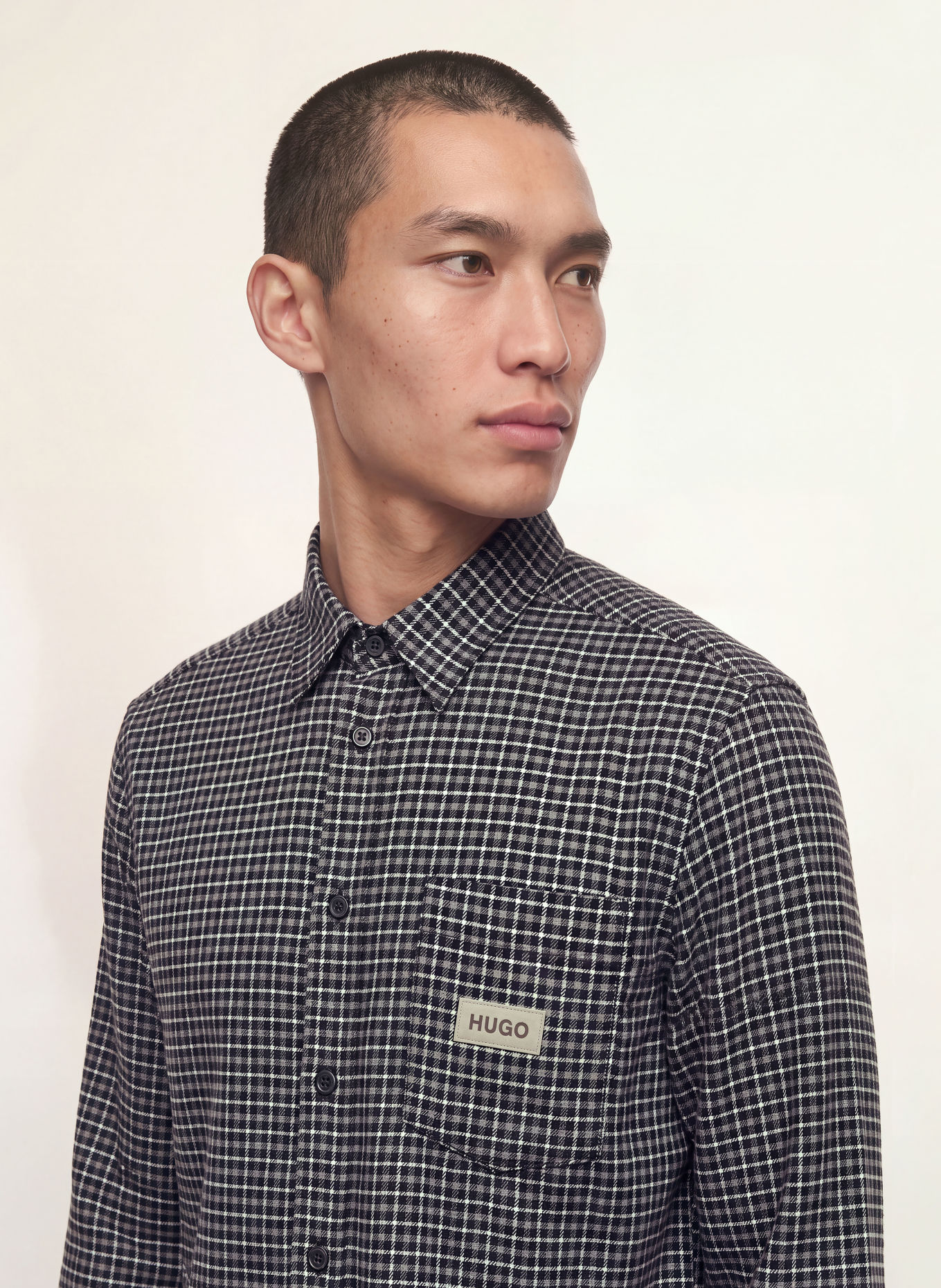 HUGO EBALTO Oversized Fit Flannel Shirt: BLACK / GRAY / WHITE