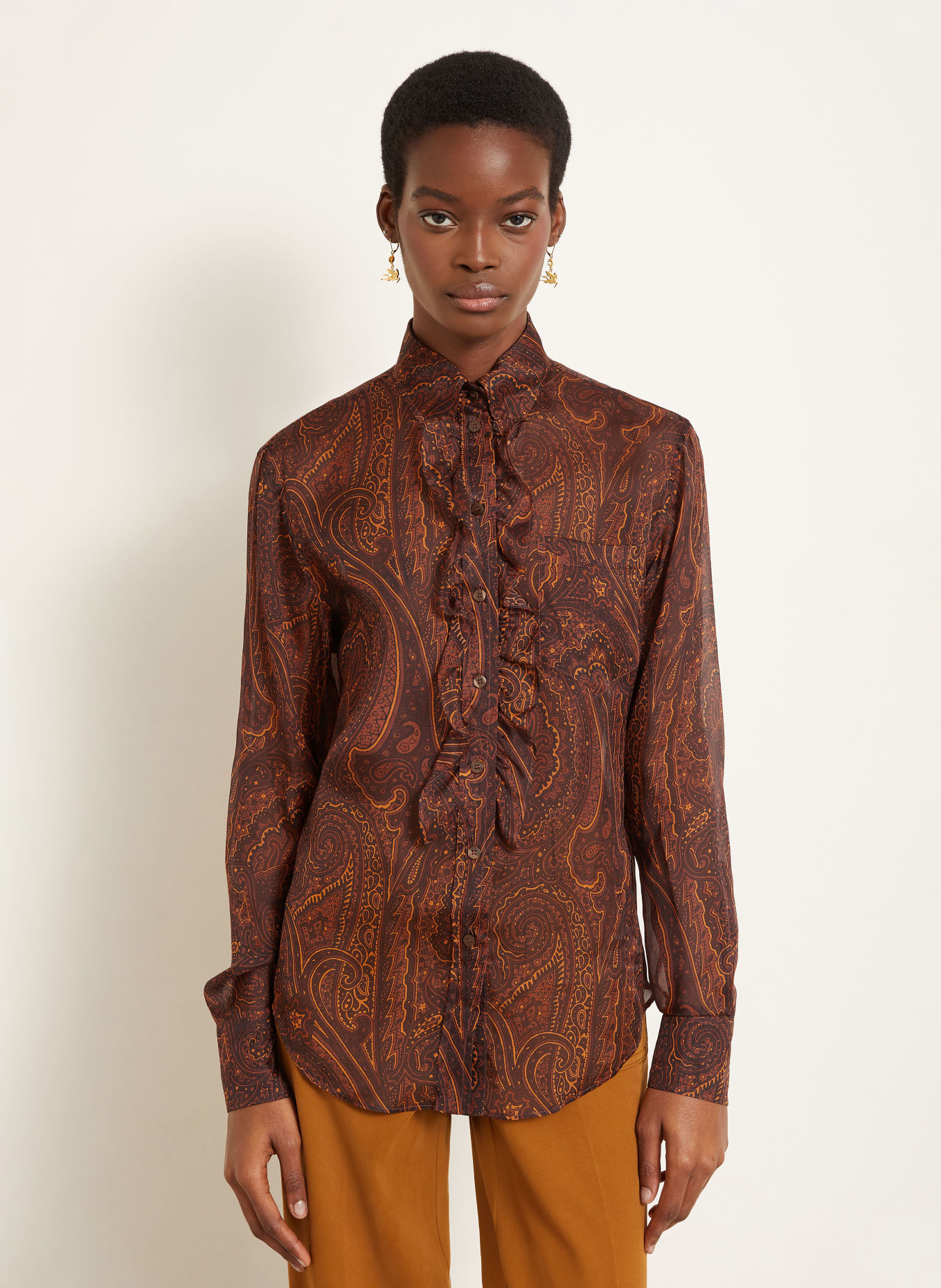 ETRO Hemdbluse aus Seide mit Rüschen: DUNKELBRAUN / COGNAC