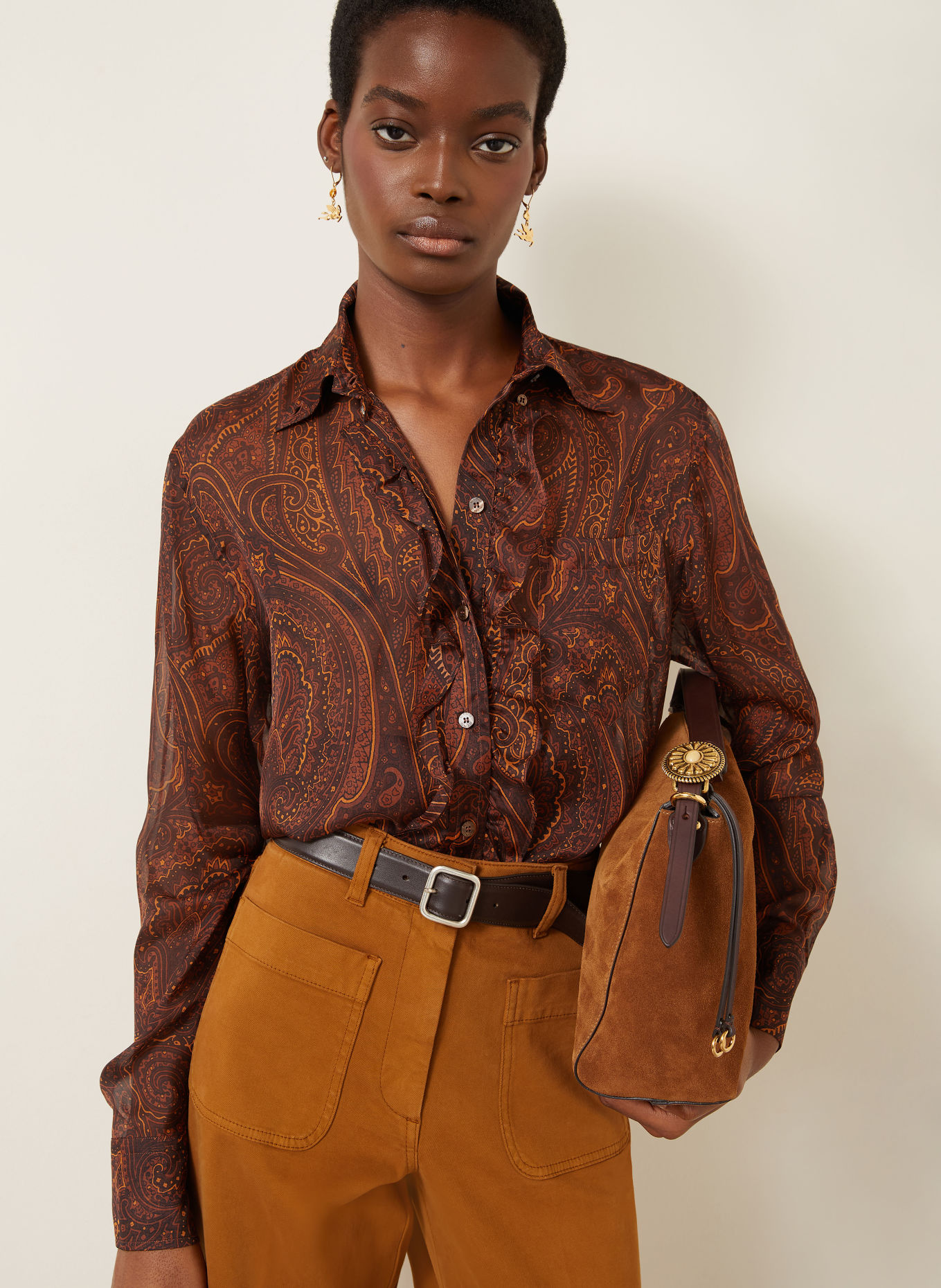 ETRO Hemdbluse aus Seide mit Rüschen: DUNKELBRAUN / COGNAC