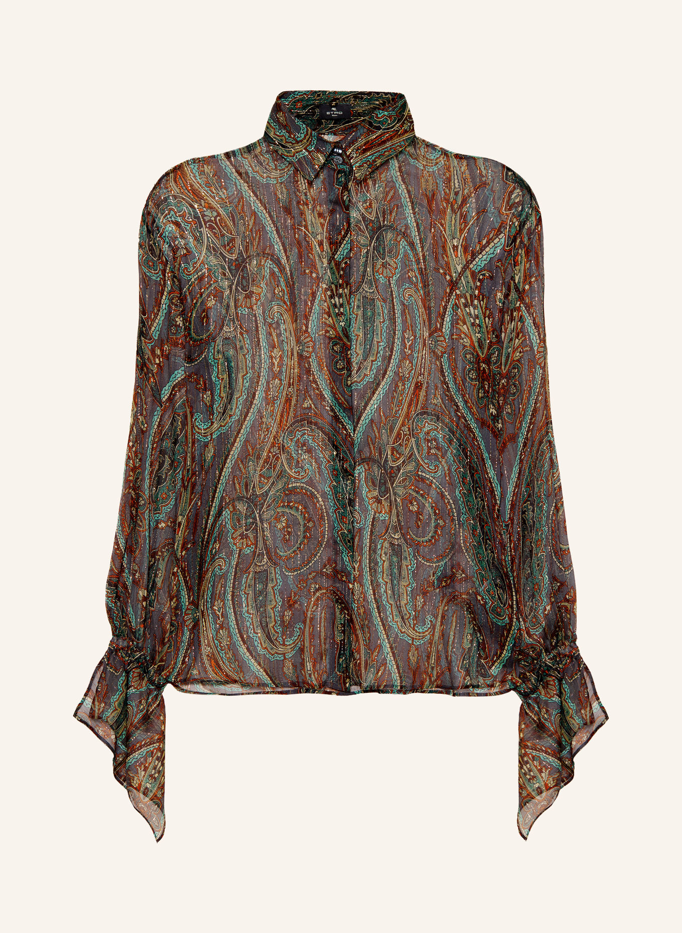 ETRO Shirt blouse with silk and glitter thread: TEAL / GOLD / BROWN