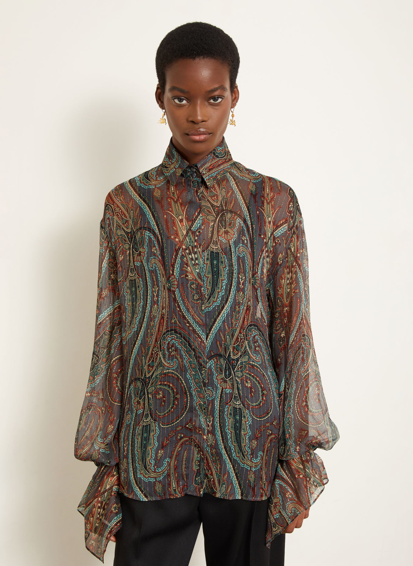 ETRO Shirt blouse with silk and glitter thread: TEAL / GOLD / BROWN