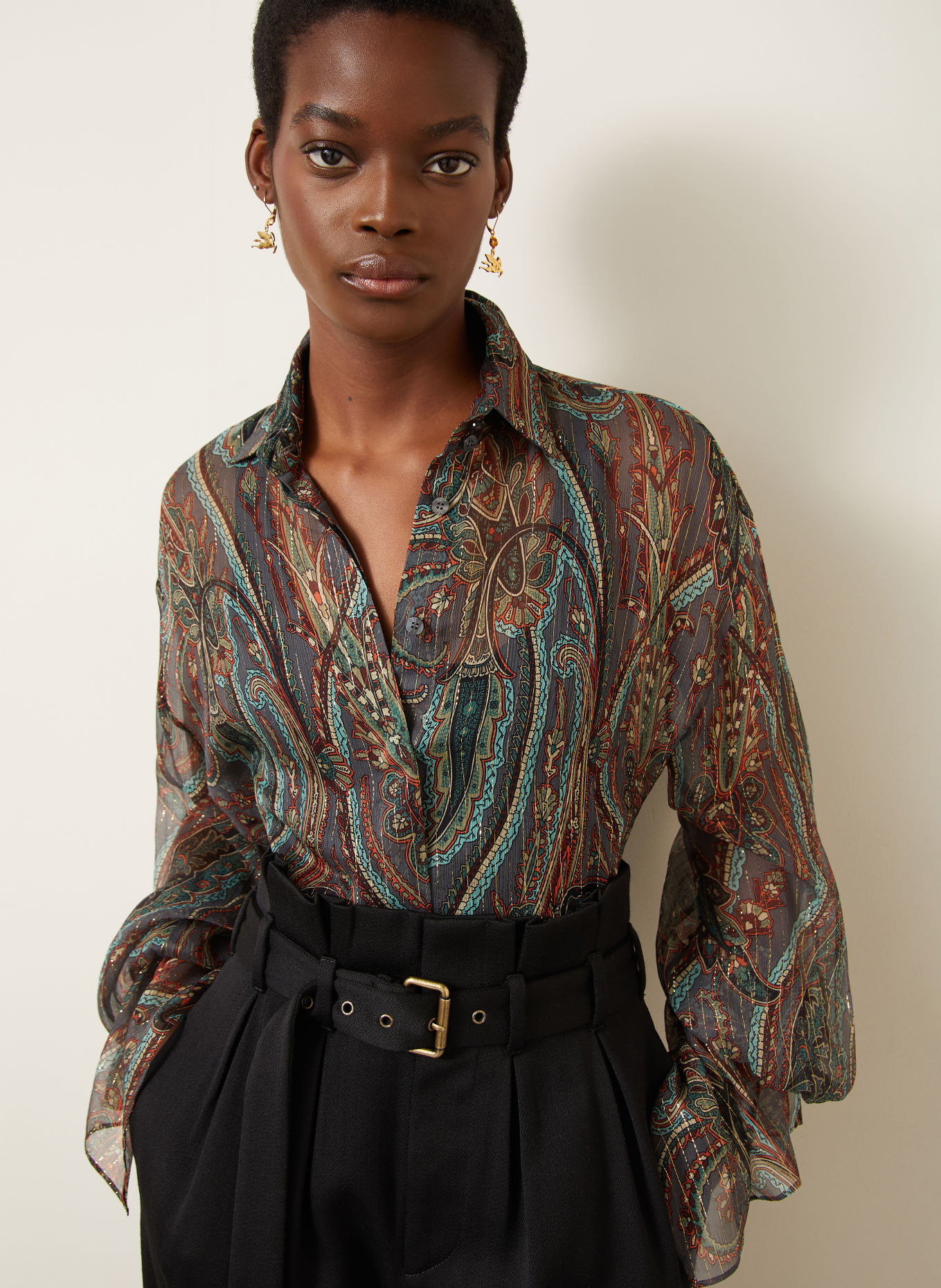 ETRO Shirt blouse with silk and glitter thread: TEAL / GOLD / BROWN