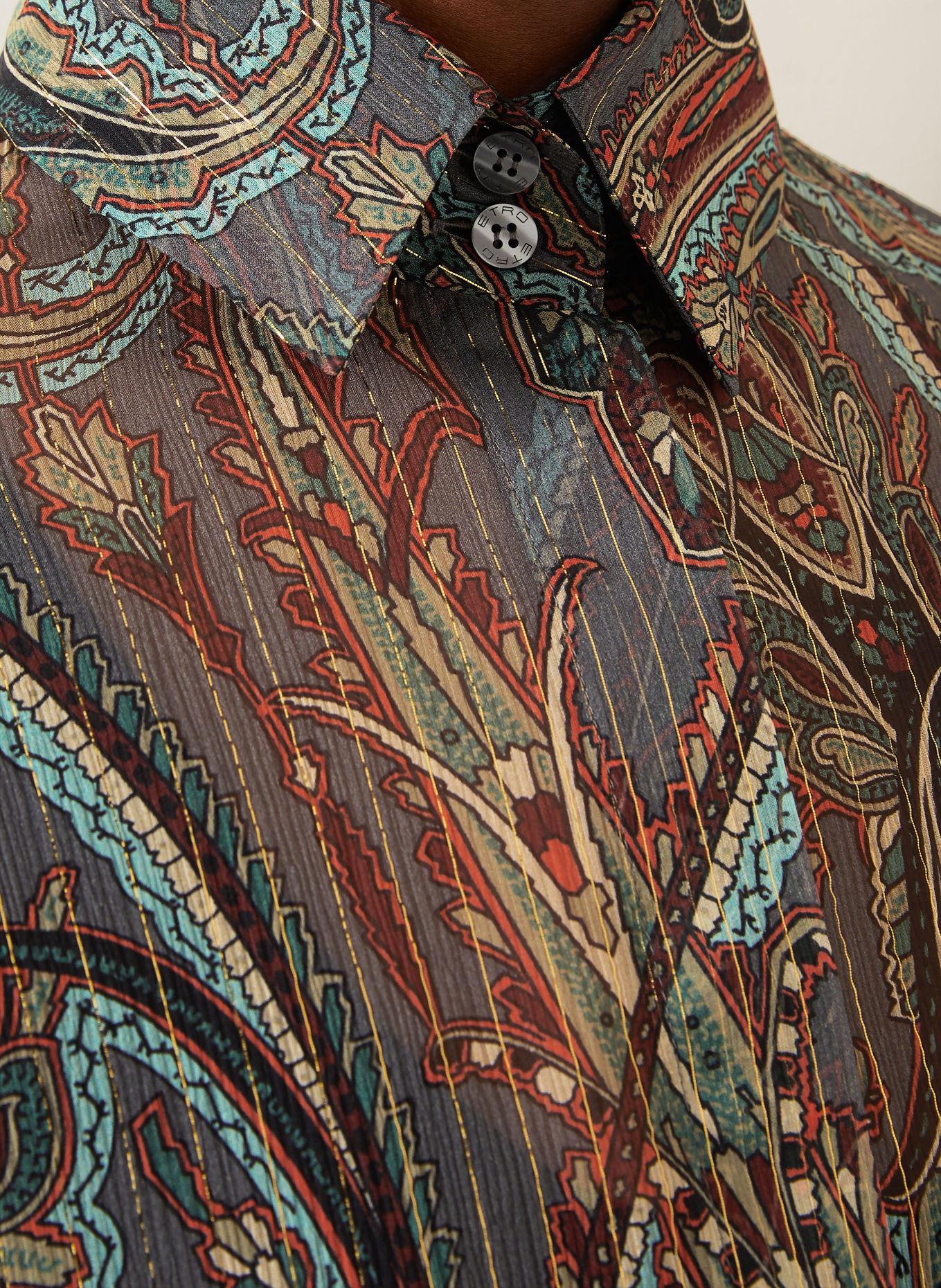 ETRO Shirt blouse with silk and glitter thread: TEAL / GOLD / BROWN