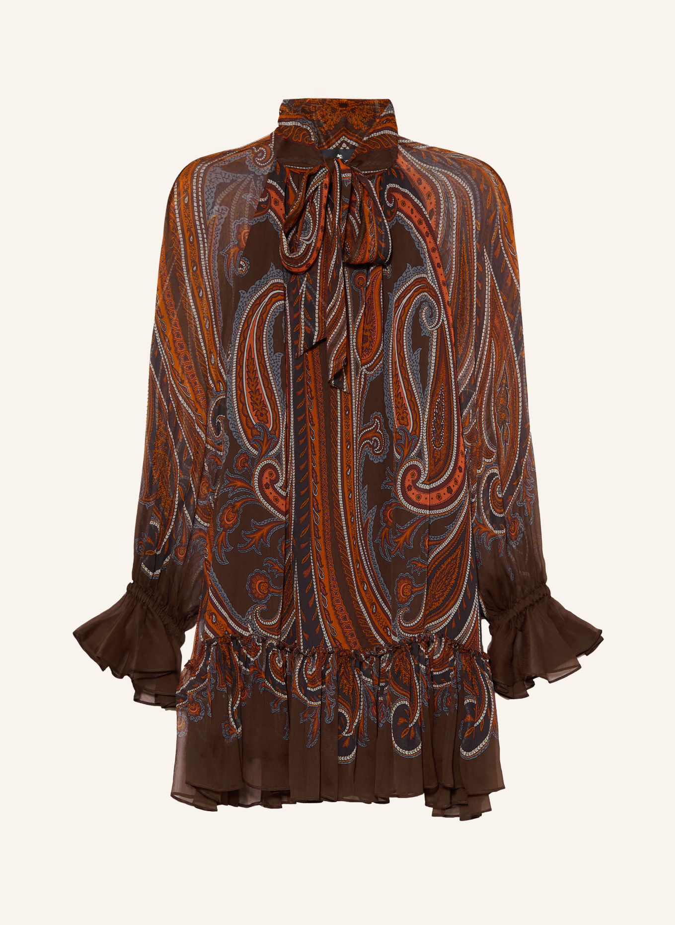 ETRO Jurk met strik bij de hals uit zijde: BRUIN / BLAUWGRIJS / ORANJE
