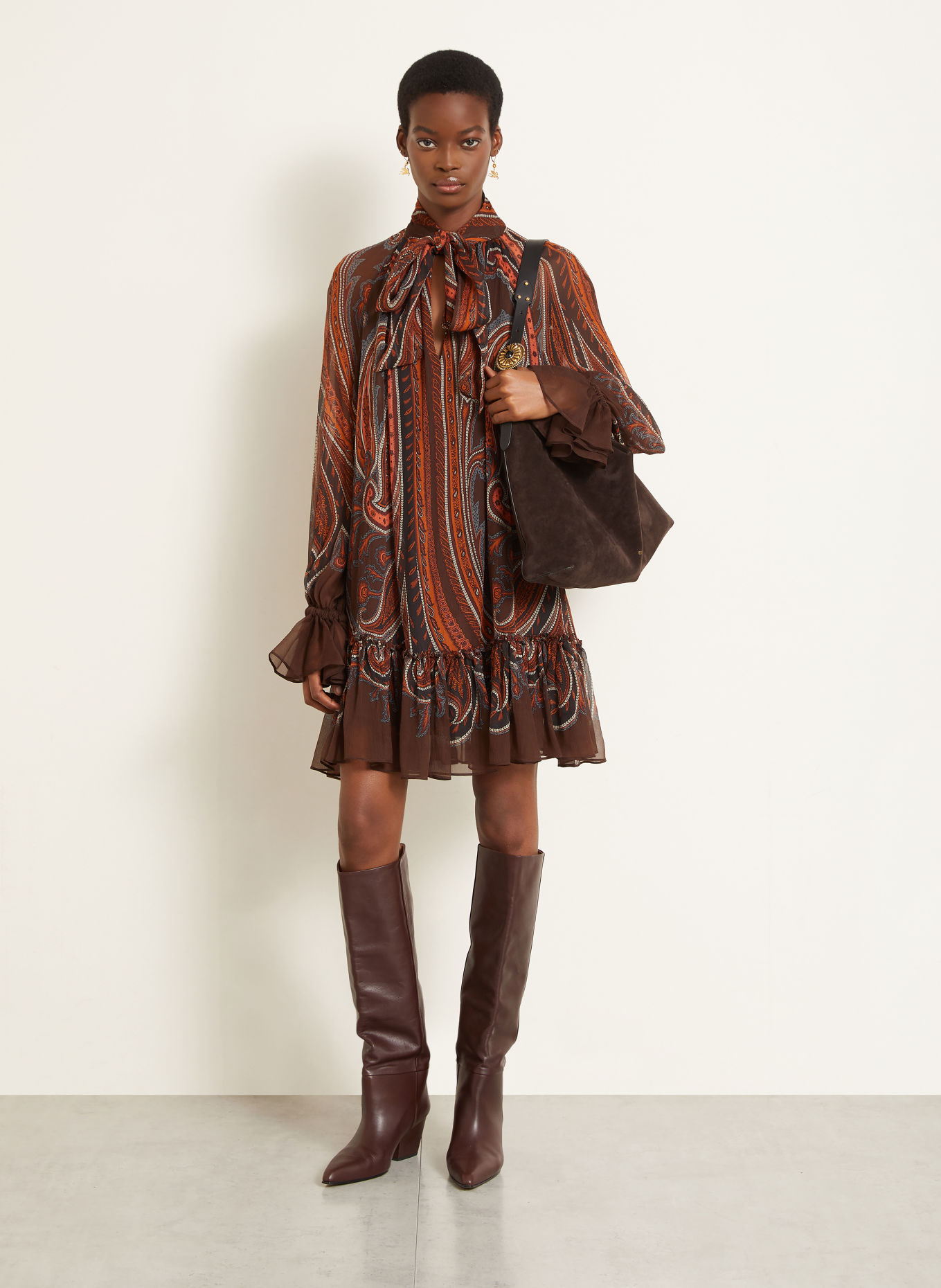 ETRO Jurk met strik bij de hals uit zijde: BRUIN / BLAUWGRIJS / ORANJE