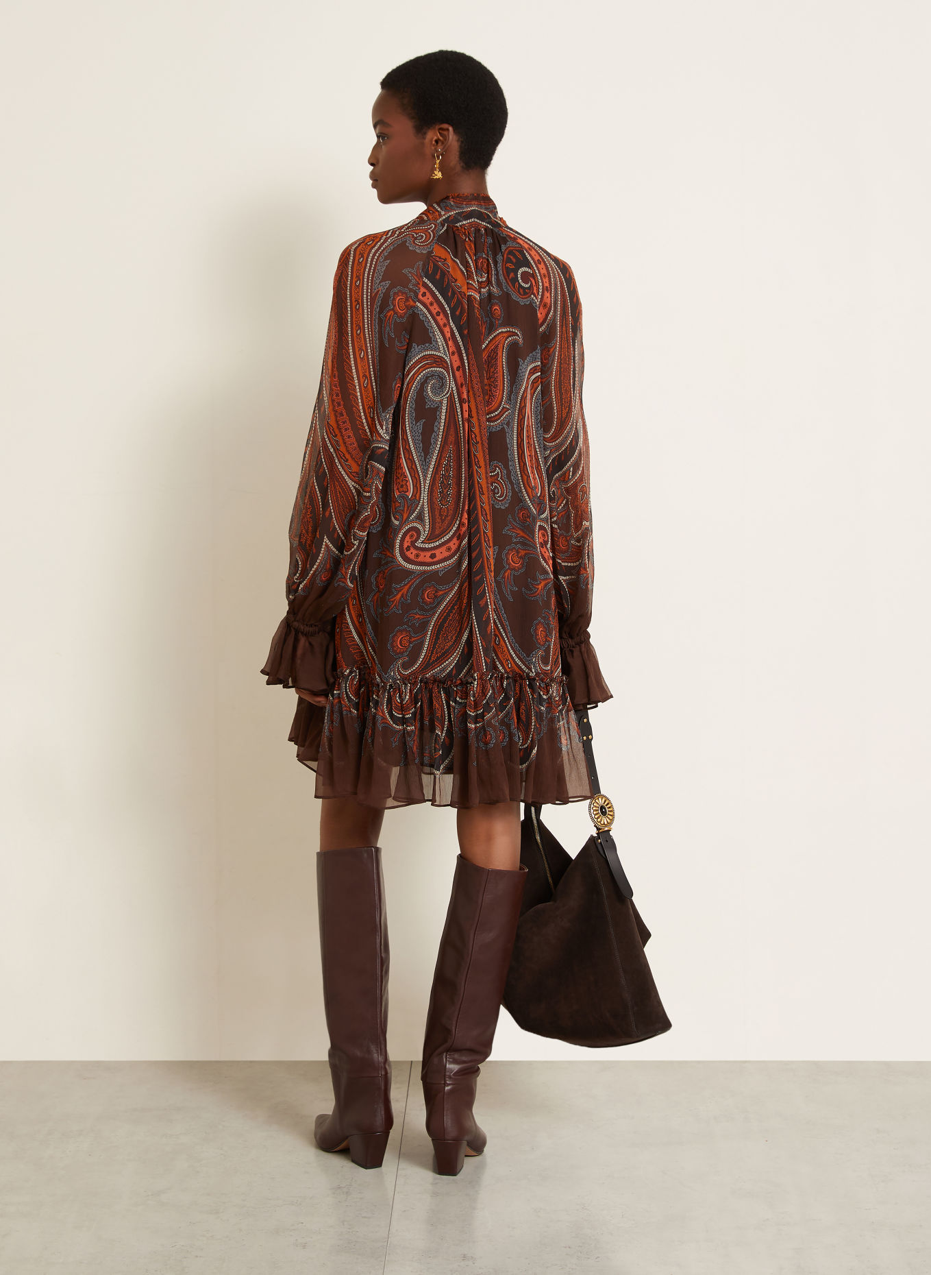 ETRO Jurk met strik bij de hals uit zijde: BRUIN / BLAUWGRIJS / ORANJE