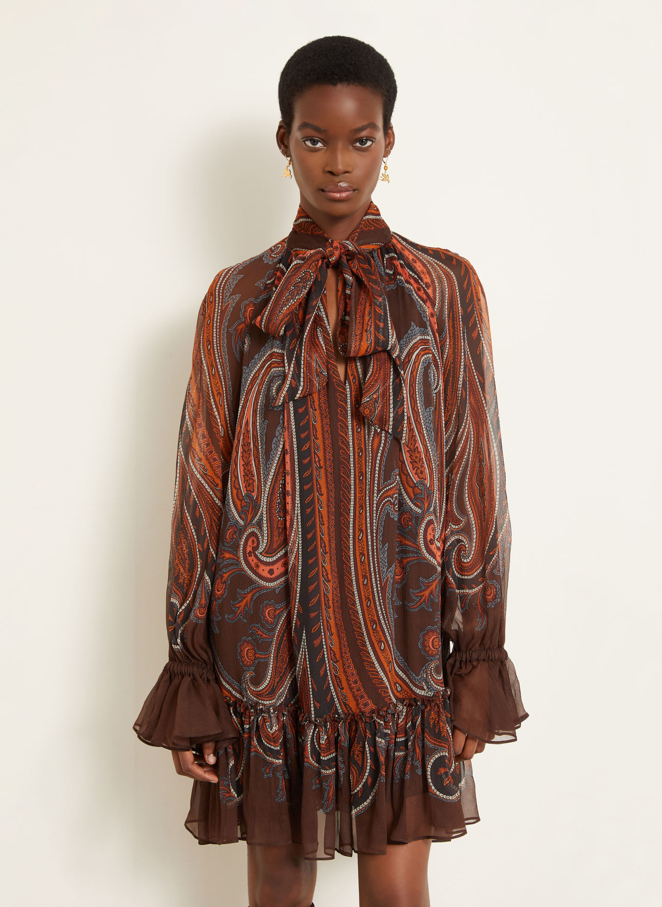 ETRO Jurk met strik bij de hals uit zijde: BRUIN / BLAUWGRIJS / ORANJE