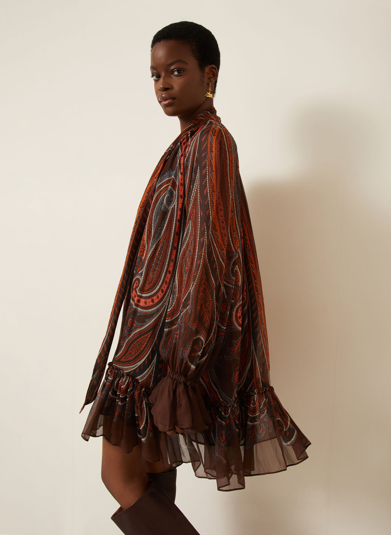 ETRO Jurk met strik bij de hals uit zijde: BRUIN / BLAUWGRIJS / ORANJE