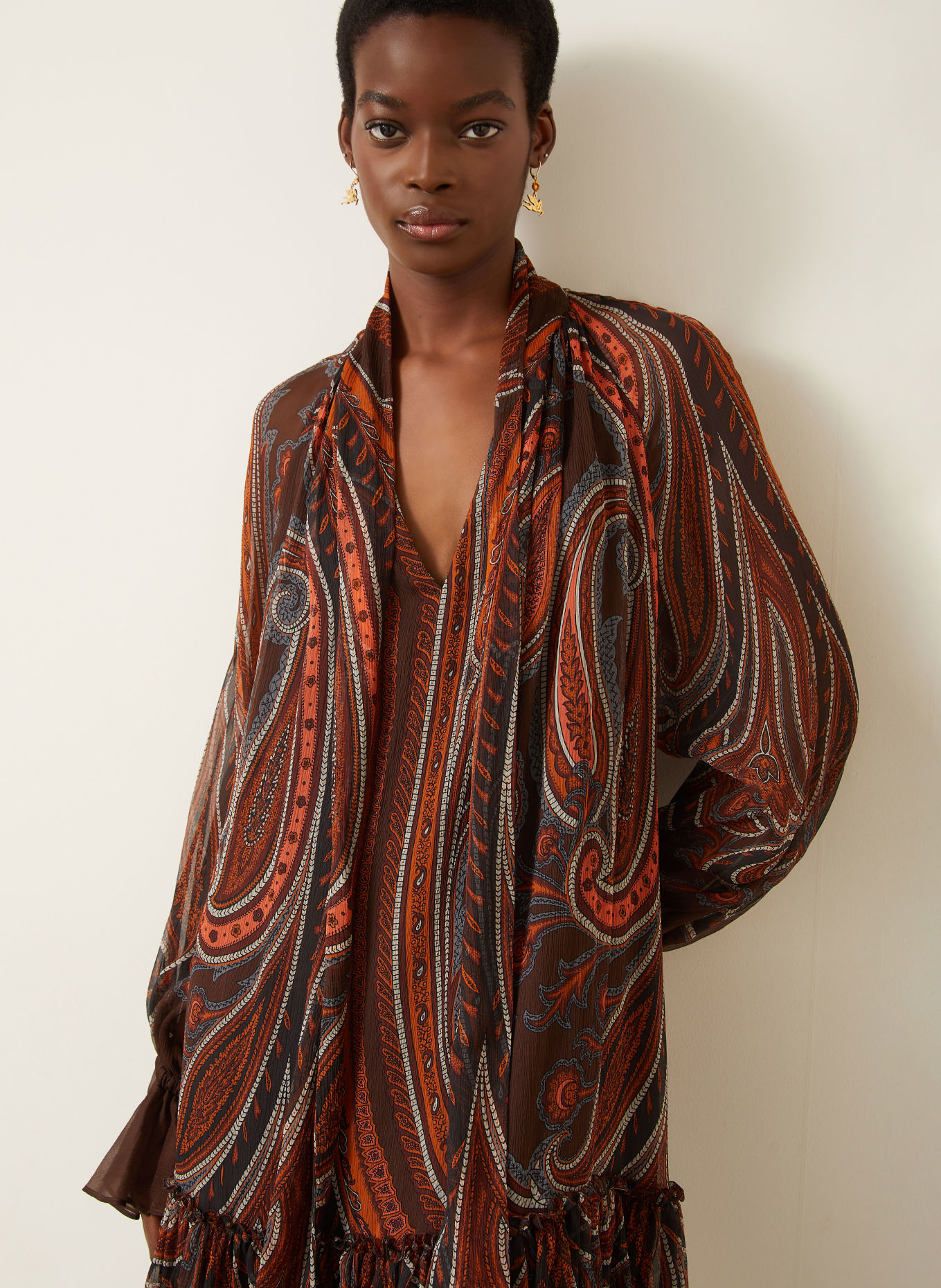 ETRO Jurk met strik bij de hals uit zijde: BRUIN / BLAUWGRIJS / ORANJE