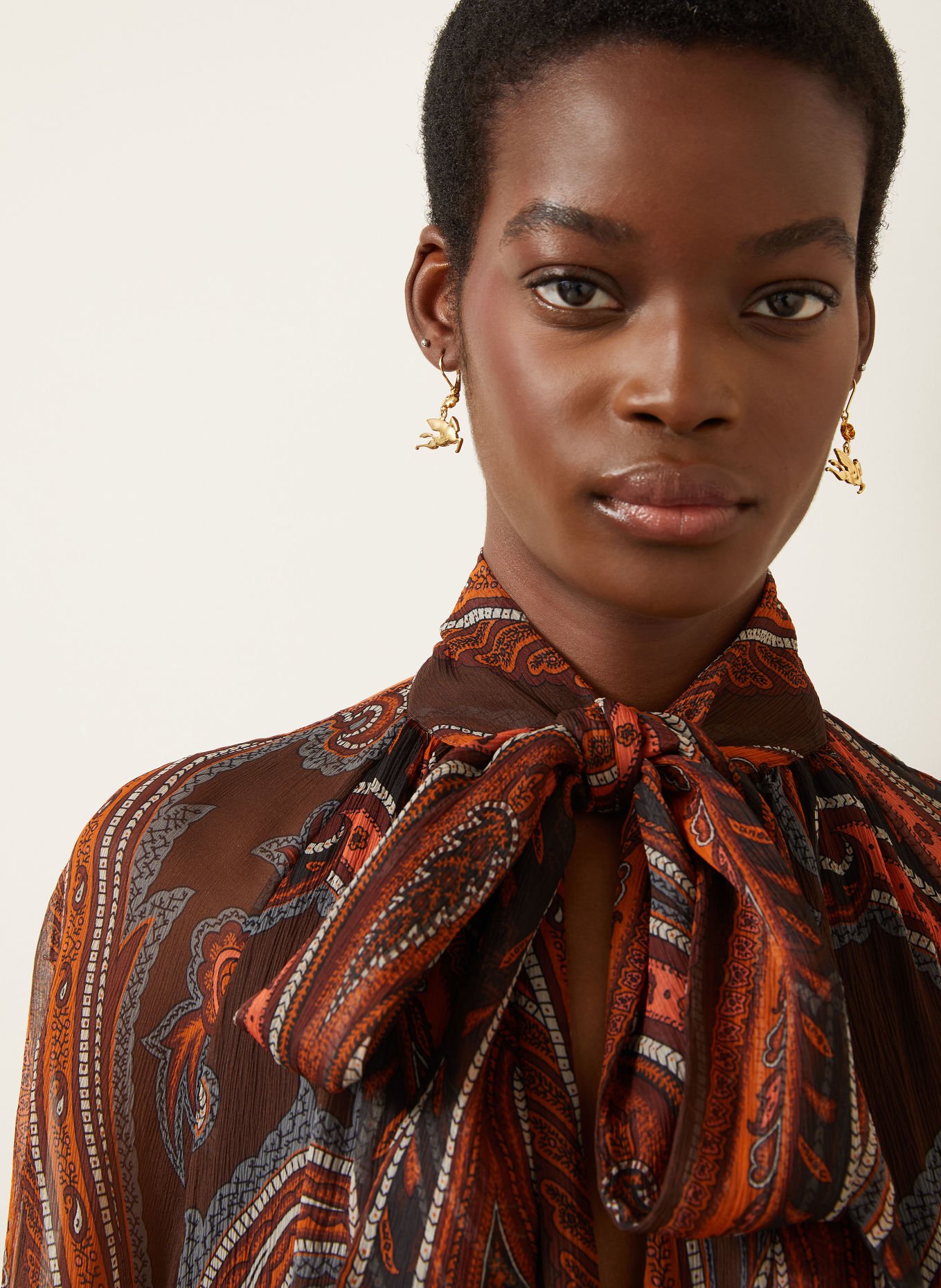 ETRO Jurk met strik bij de hals uit zijde: BRUIN / BLAUWGRIJS / ORANJE