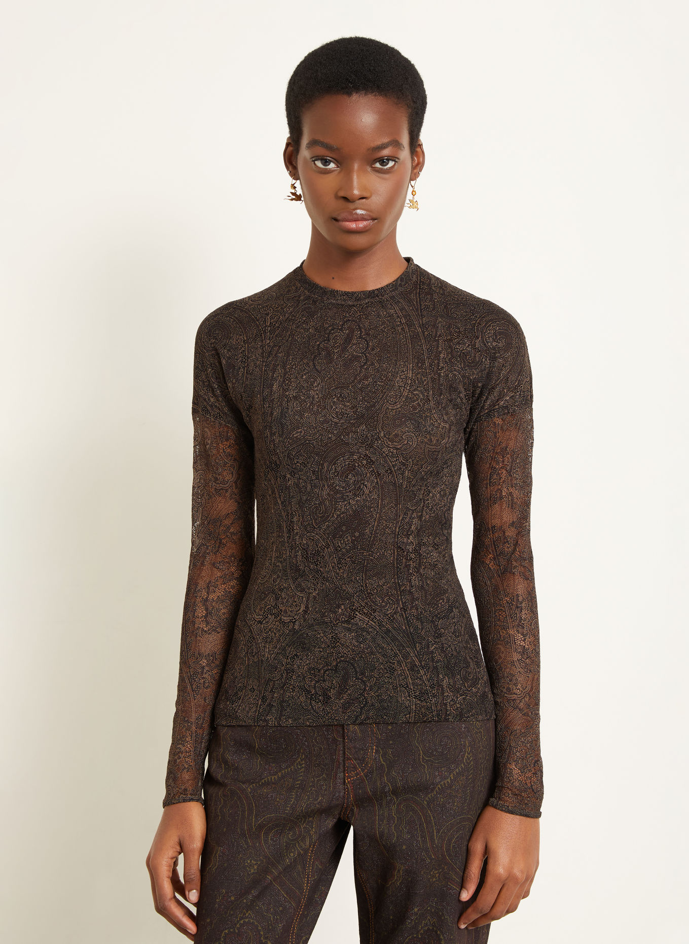 ETRO Longsleeve met lange mouwen van mesh: BRUIN / MARRON FONCÉ