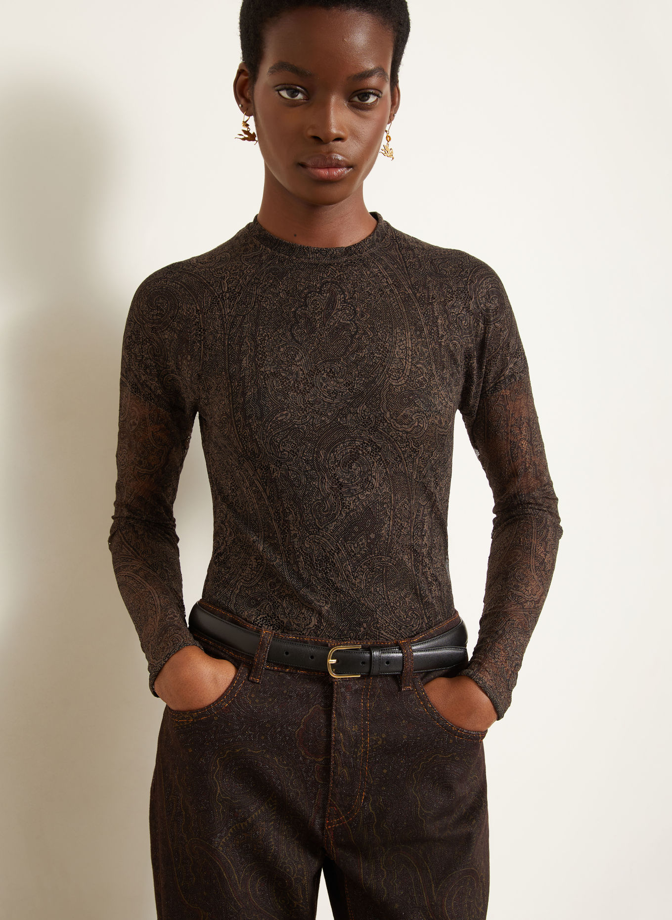 ETRO Longsleeve met lange mouwen van mesh: BRUIN / MARRON FONCÉ