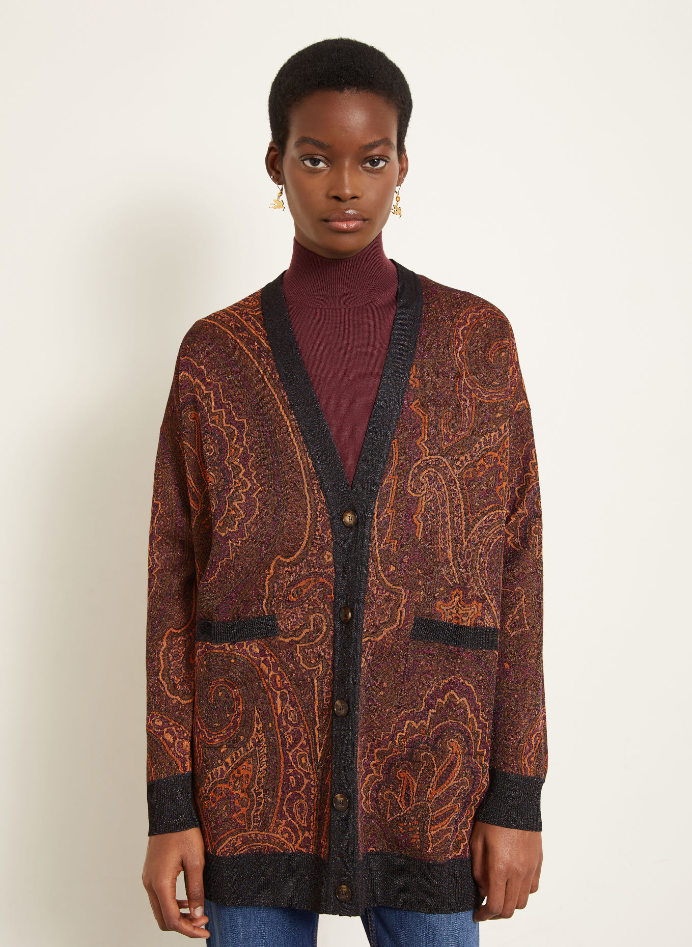 ETRO Cardigan with glitter yarn: DARK RED / BROWN / ORANGE