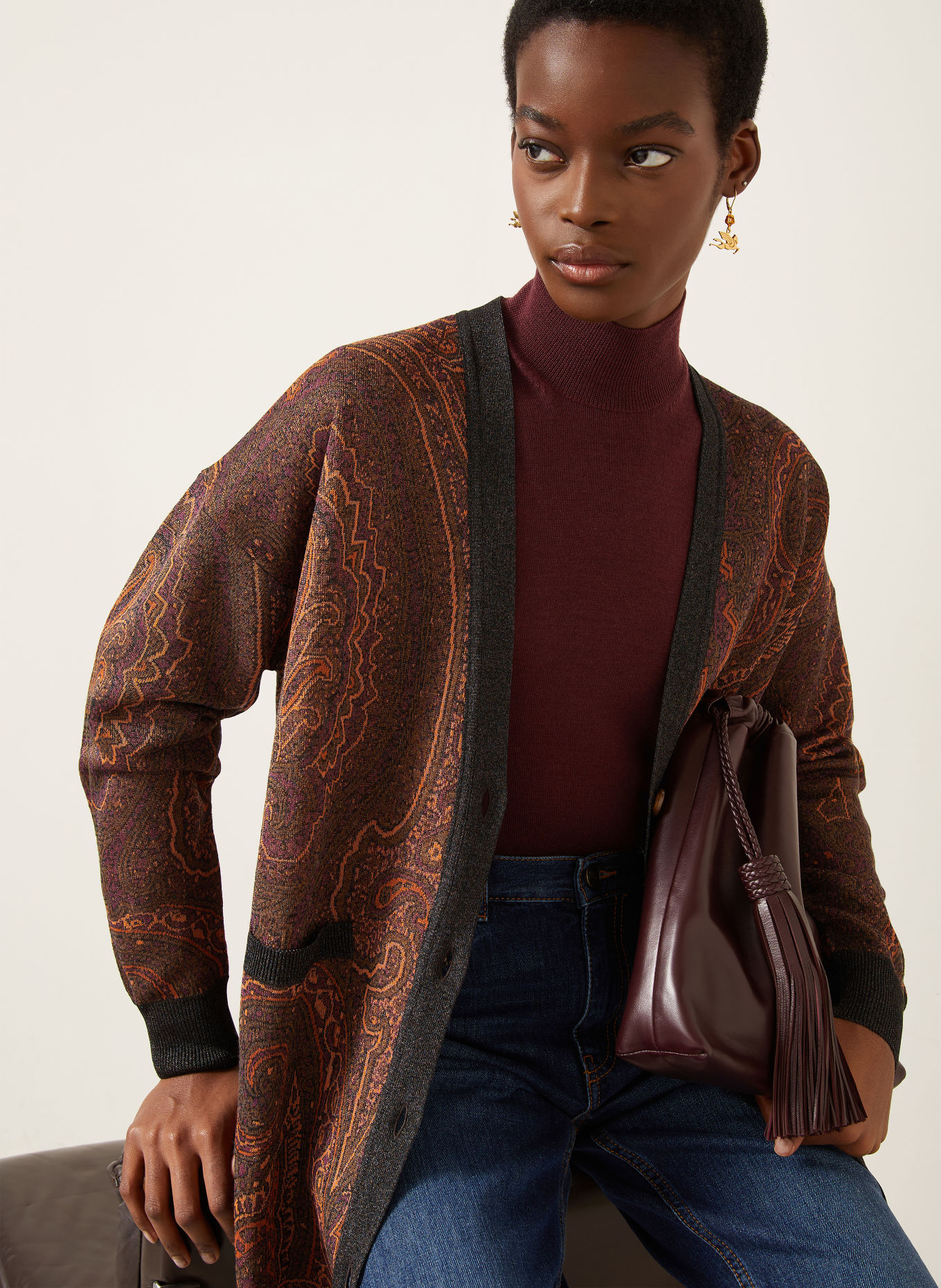 ETRO Cardigan with glitter yarn: DARK RED / BROWN / ORANGE