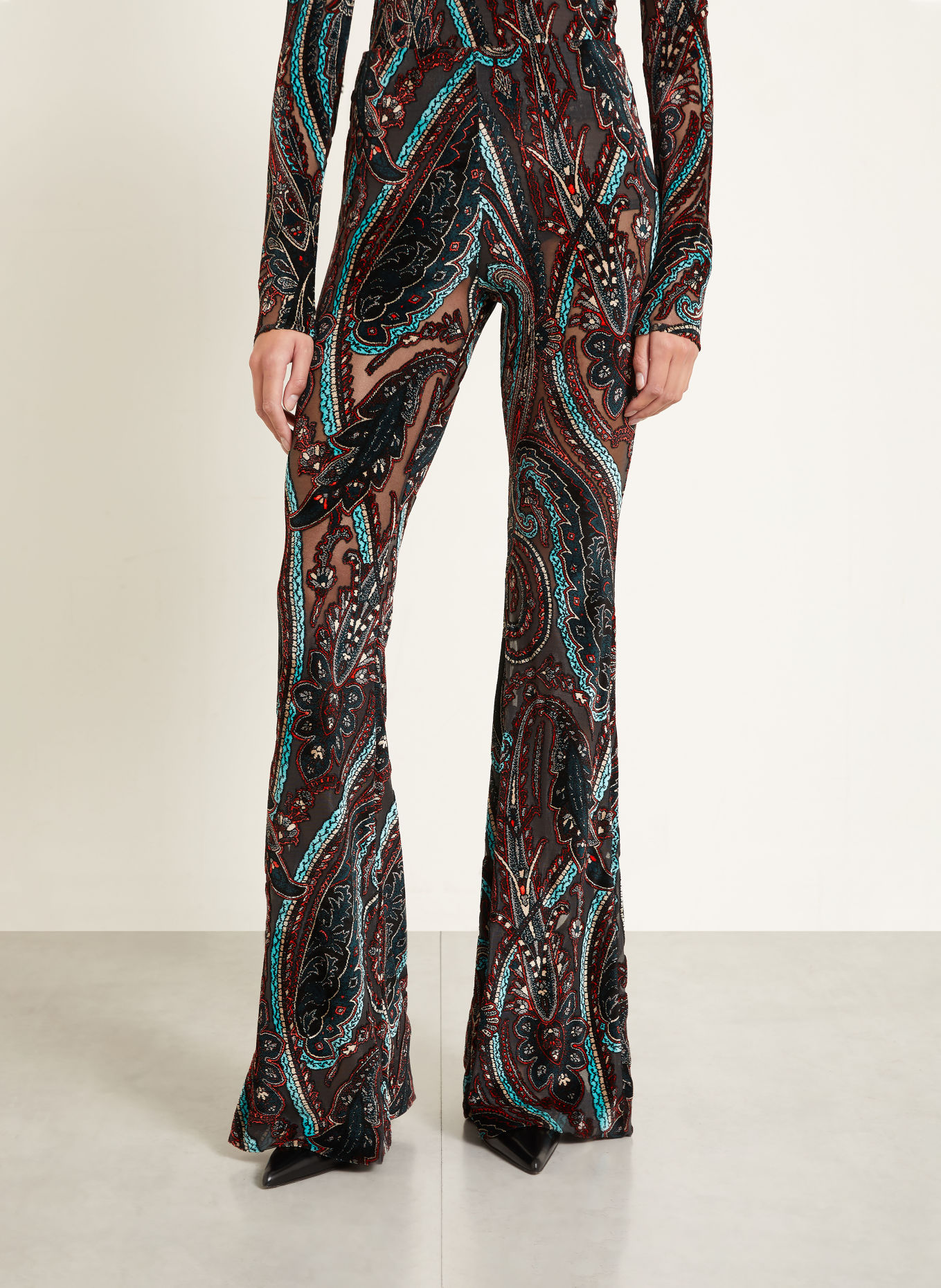 ETRO Bootcut trousers made from velvet: DARK RED / DARK GRAY / TURQUOISE