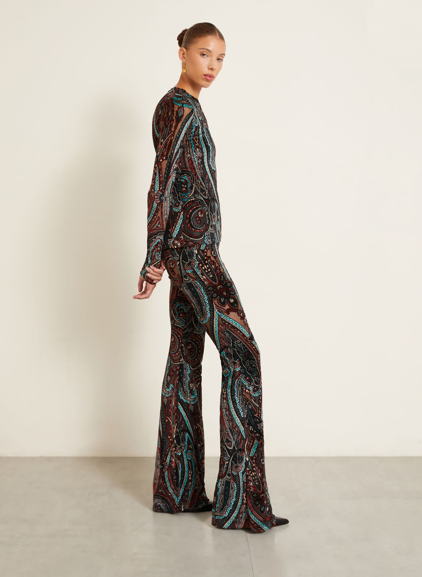 ETRO Bootcut trousers made from velvet: DARK RED / DARK GRAY / TURQUOISE
