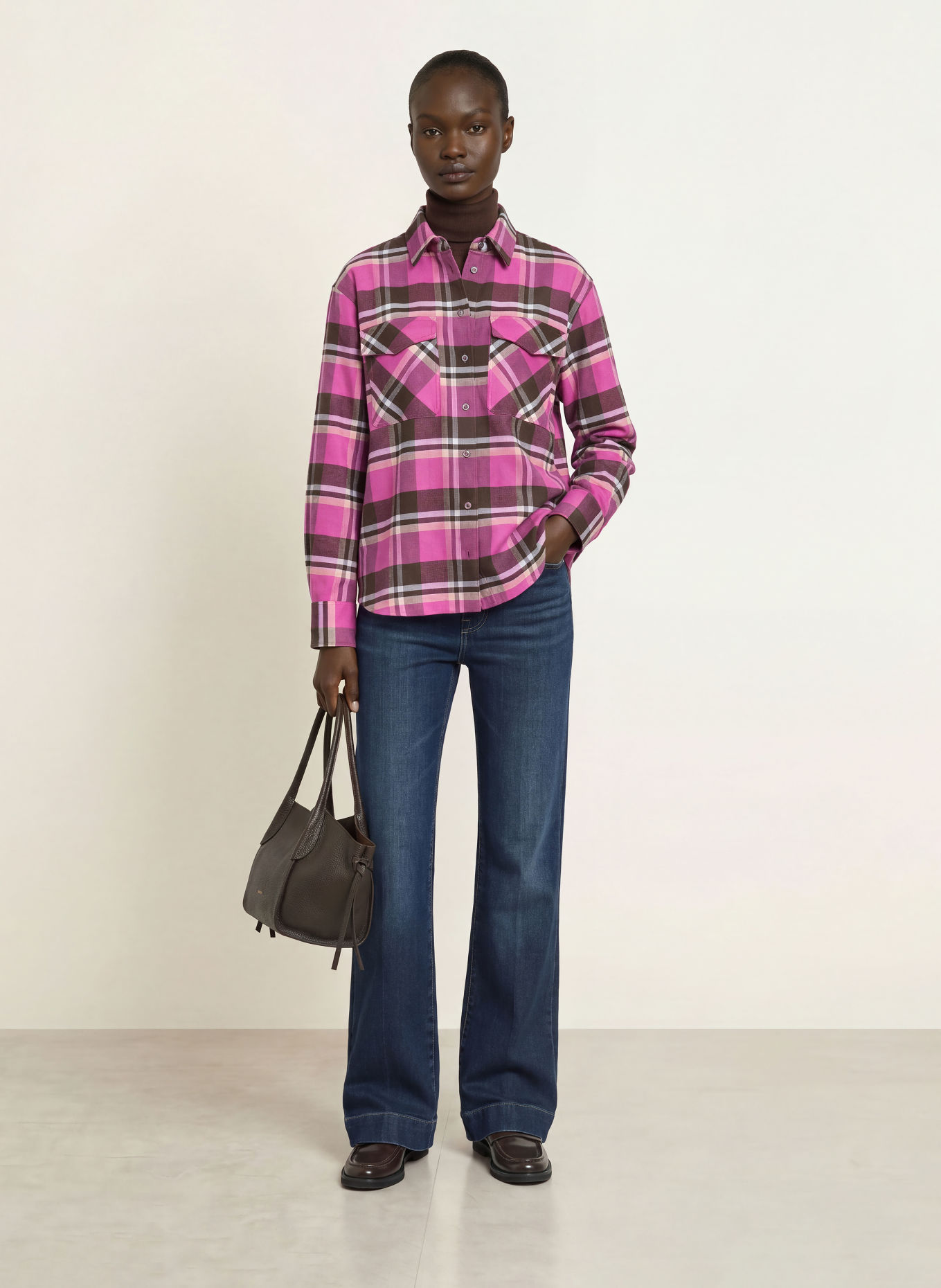 ROBERT FRIEDMAN Chemisier CLEME en flanelle: ROSE FUCHSIA / MARRON FONCÉ / CRÈME