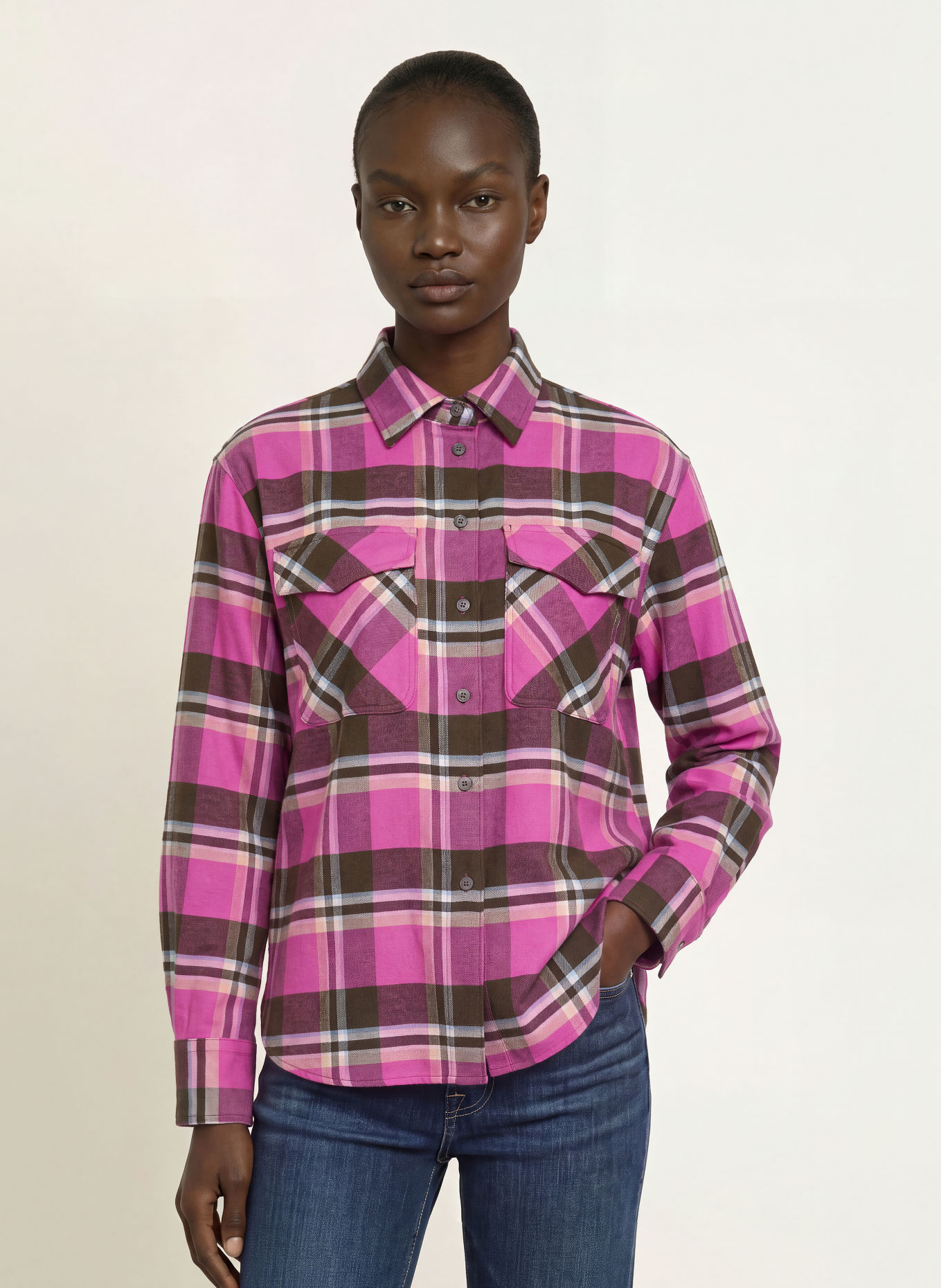 ROBERT FRIEDMAN Chemisier CLEME en flanelle: ROSE FUCHSIA / MARRON FONCÉ / CRÈME