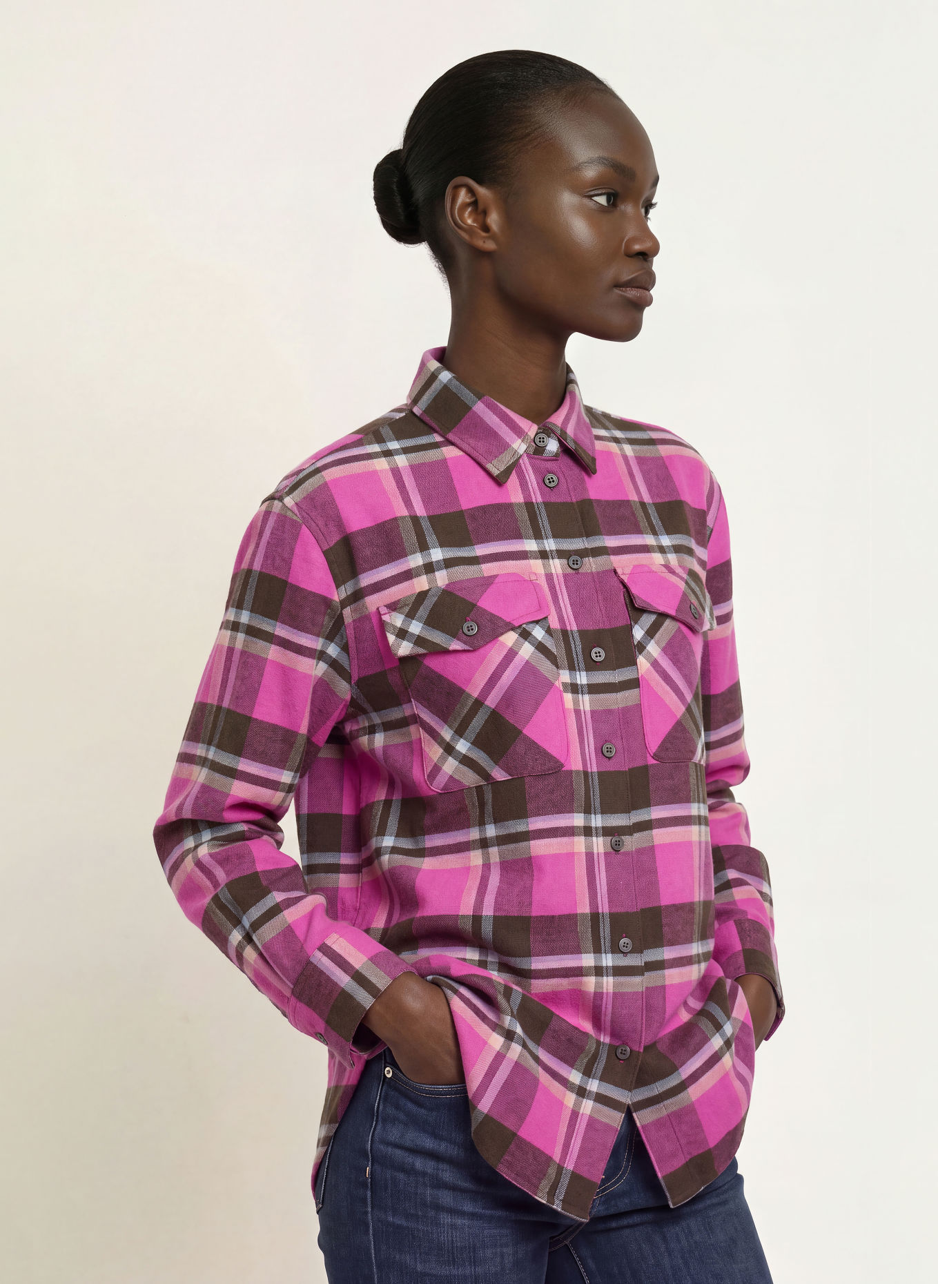 ROBERT FRIEDMAN Chemisier CLEME en flanelle: ROSE FUCHSIA / MARRON FONCÉ / CRÈME