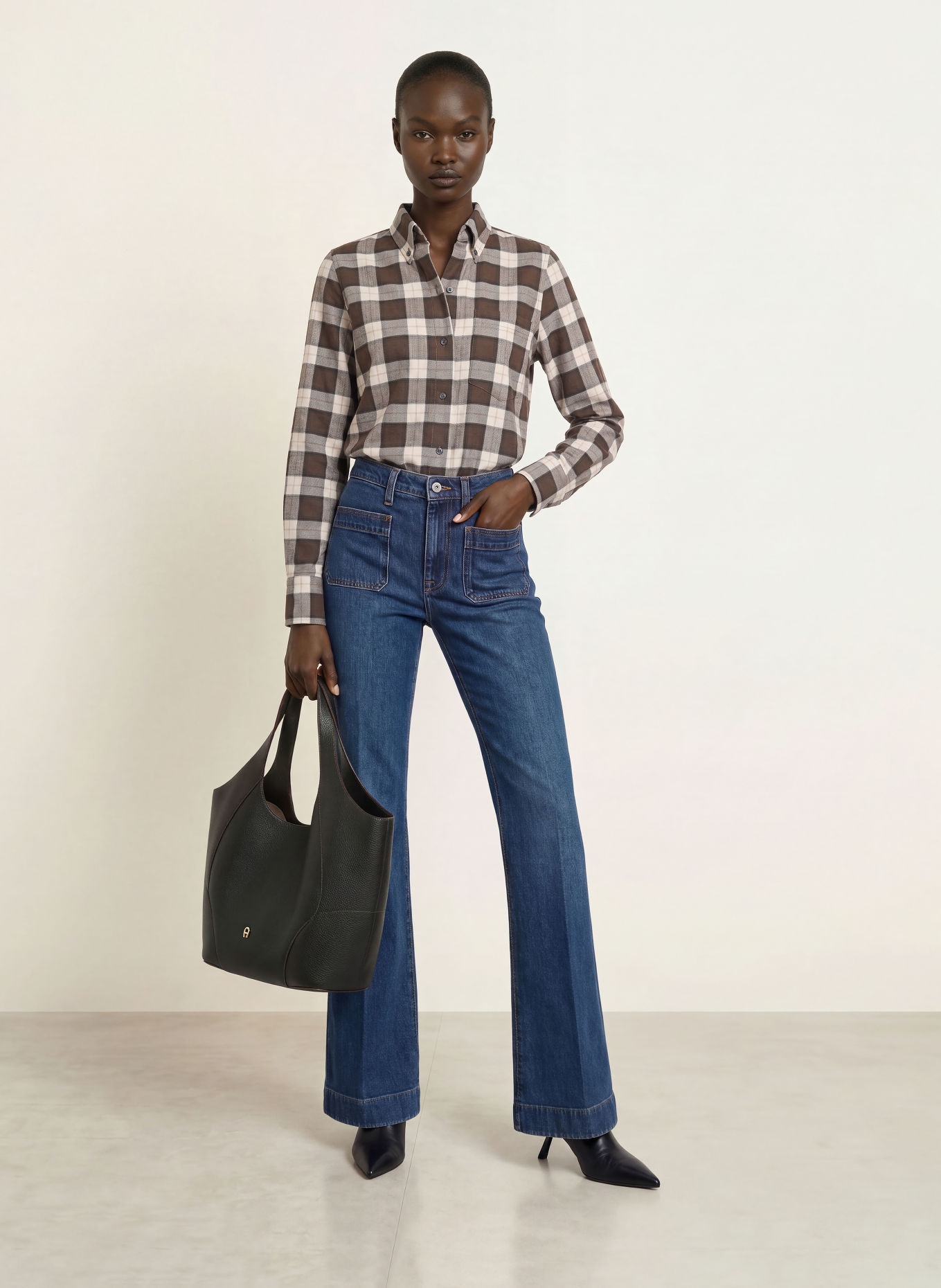 ROBERT FRIEDMAN Flanel shirt blouse: DARK BROWN / BEIGE / WHITE