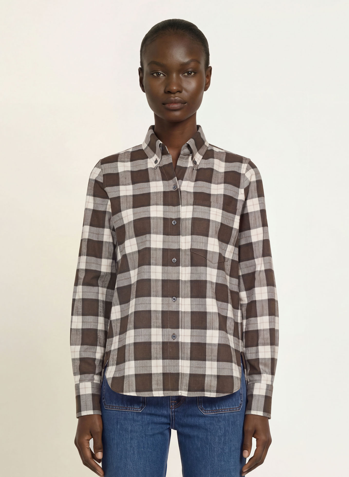 ROBERT FRIEDMAN Flanel shirt blouse: DARK BROWN / BEIGE / WHITE