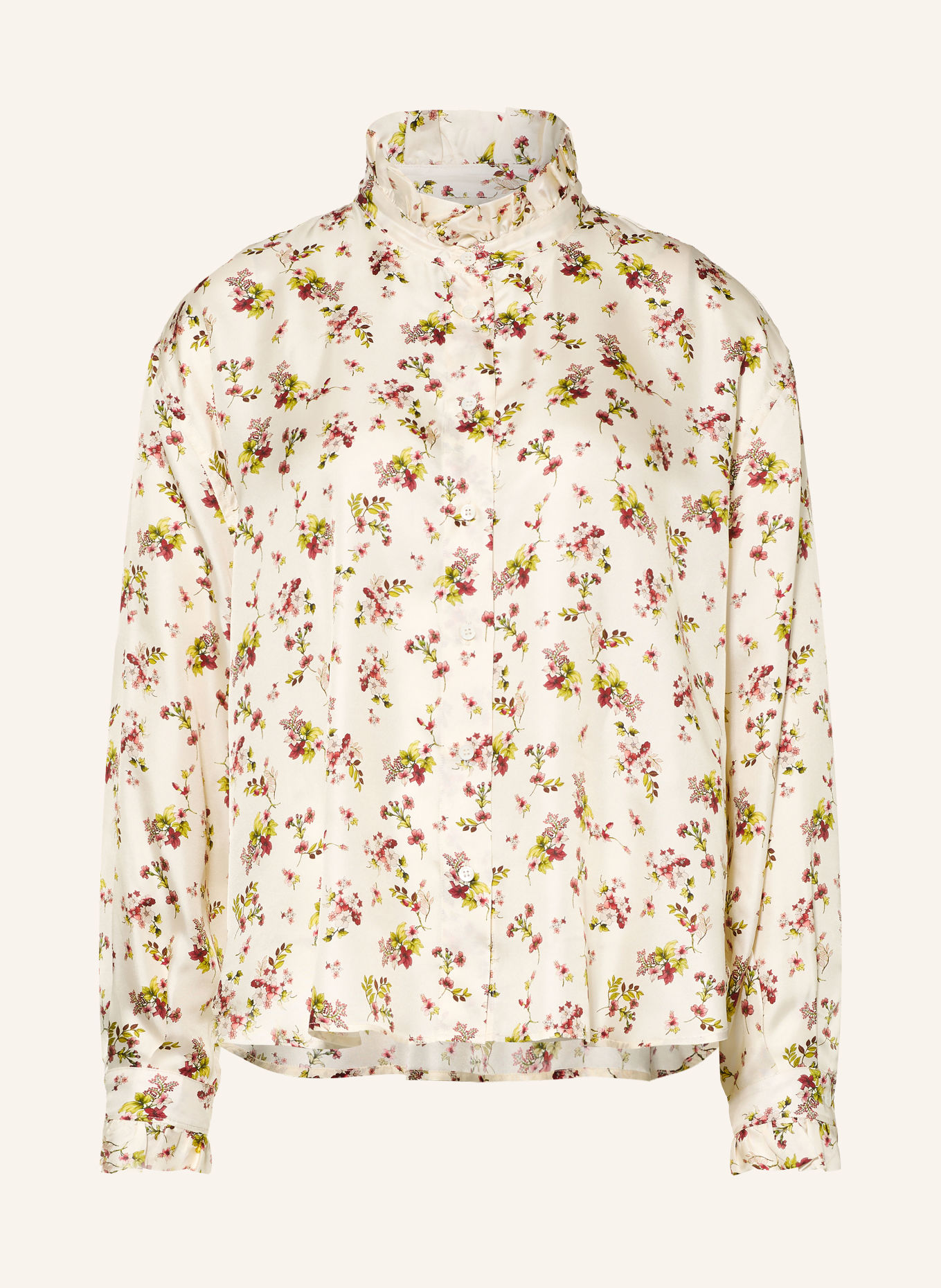 ROBERT FRIEDMAN Seidenbluse mit Rüschen: CREME / DUNKELROT / HELLGRÜN