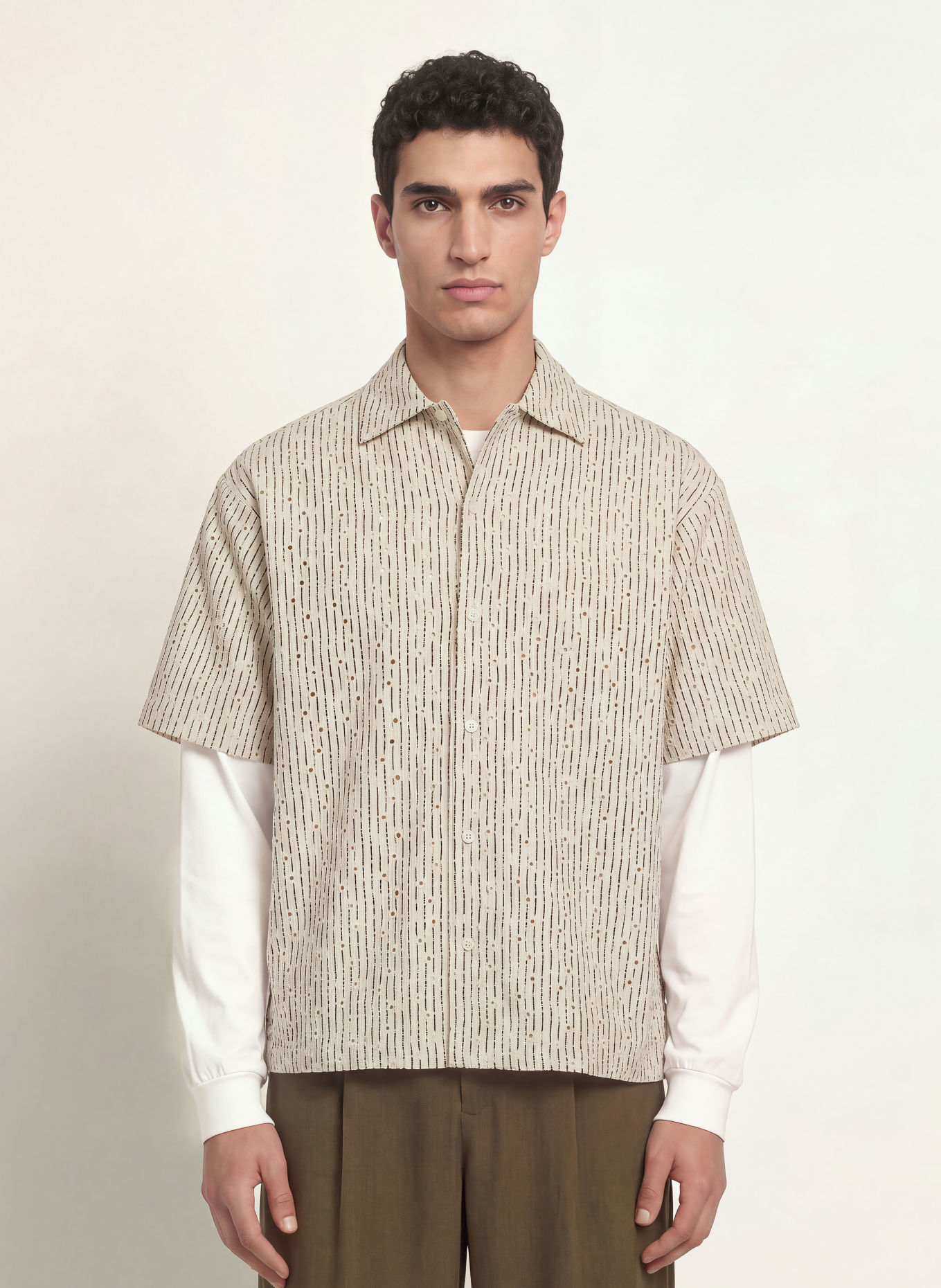 WOODBIRD Cămașă cu mânecă scurtă WBWANG Comfort Fit din dantelă perforată: CREM / MARO