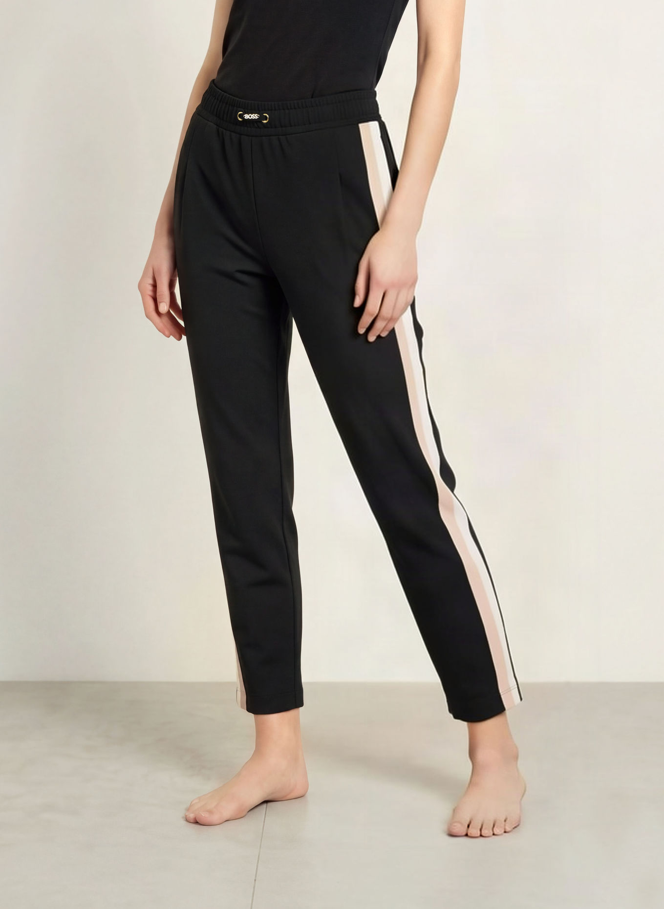 BOSS MIRAGE Lounge sweatpants with Braided Trim: BLACK / BEIGE / CREAM