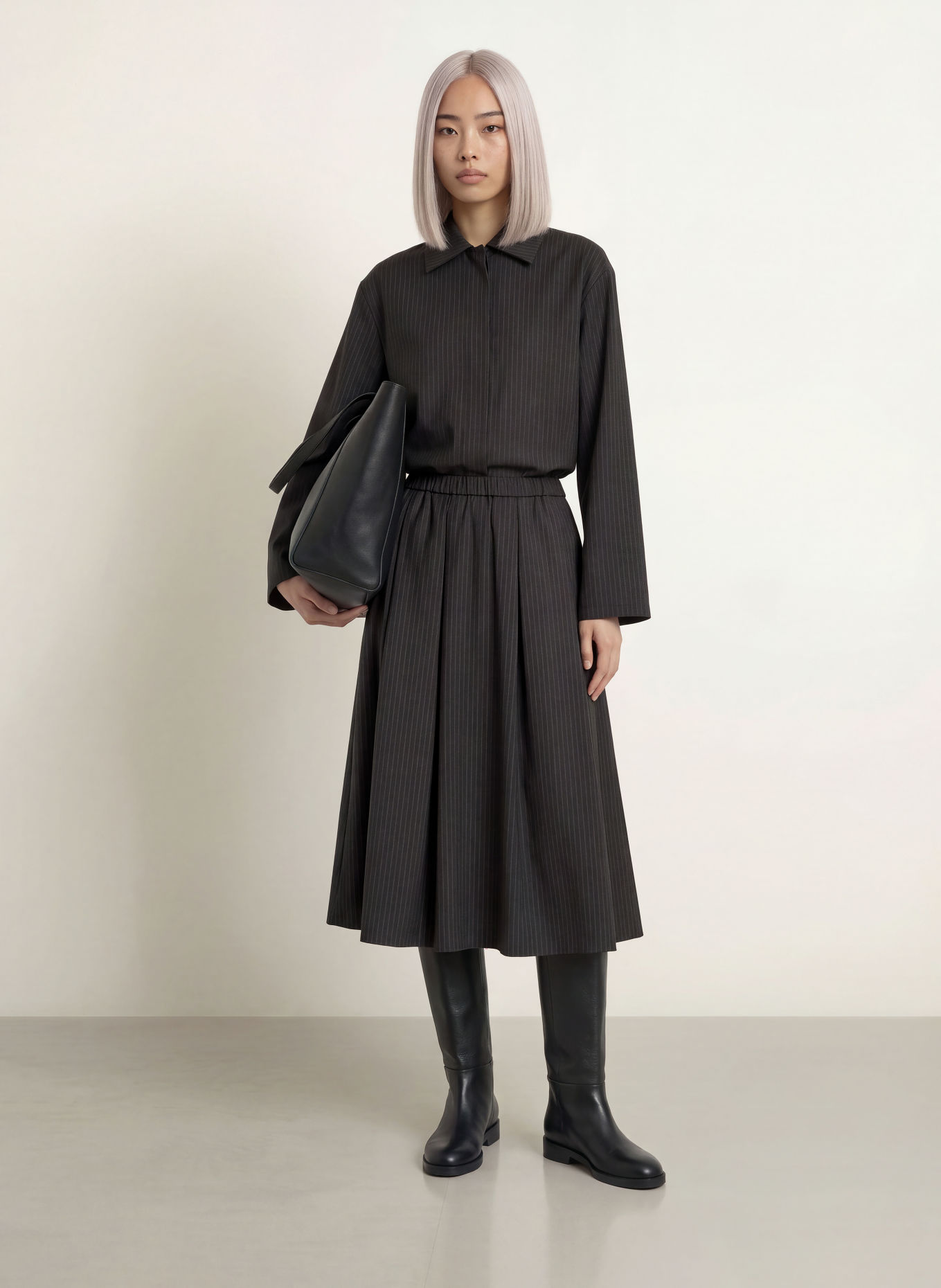 Stylein BORINA Pleated Skirt: DARK BROWN / LIGHT BROWN