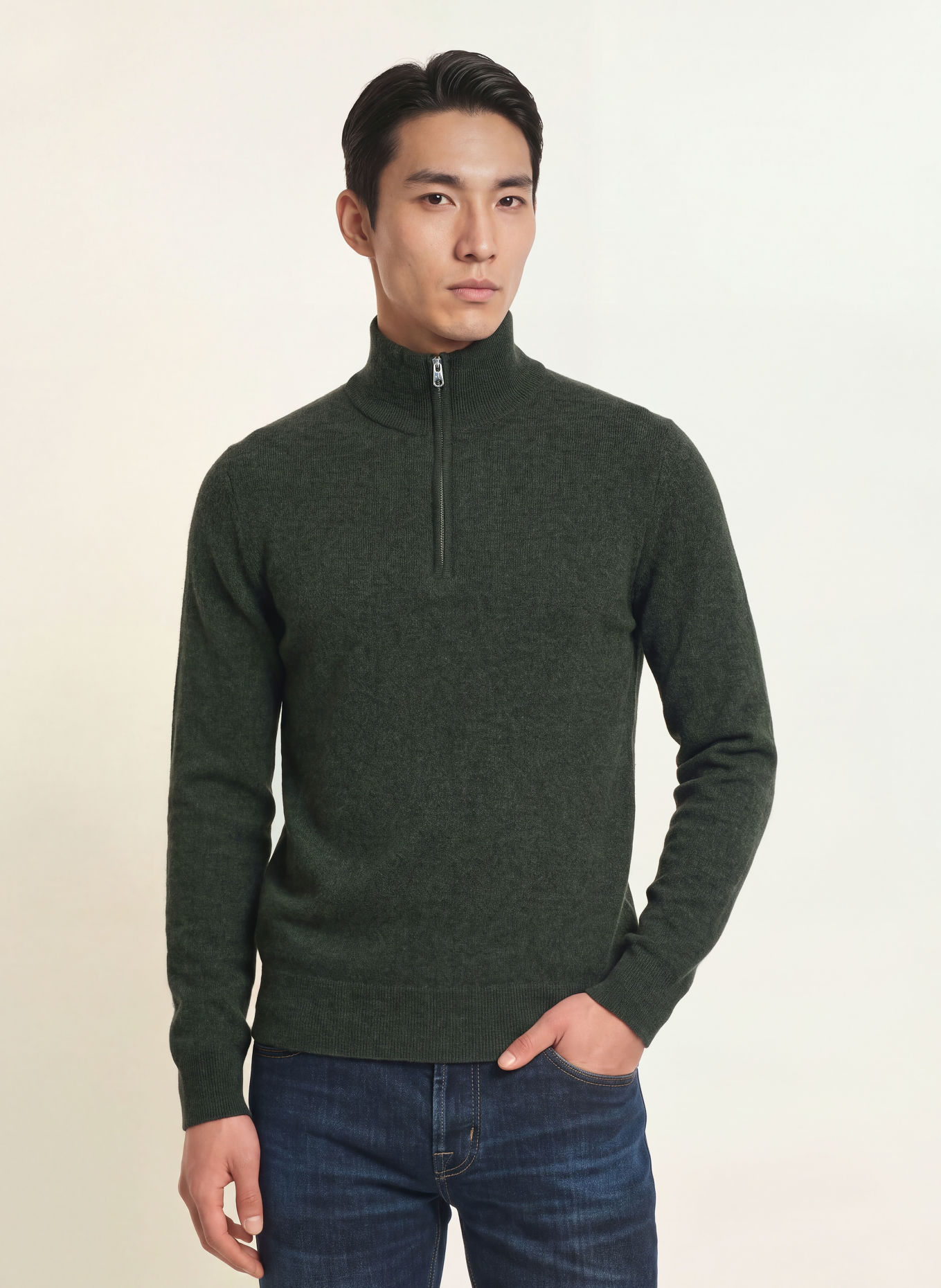CHAS Cashmere Half-zip sweater: OLIVE