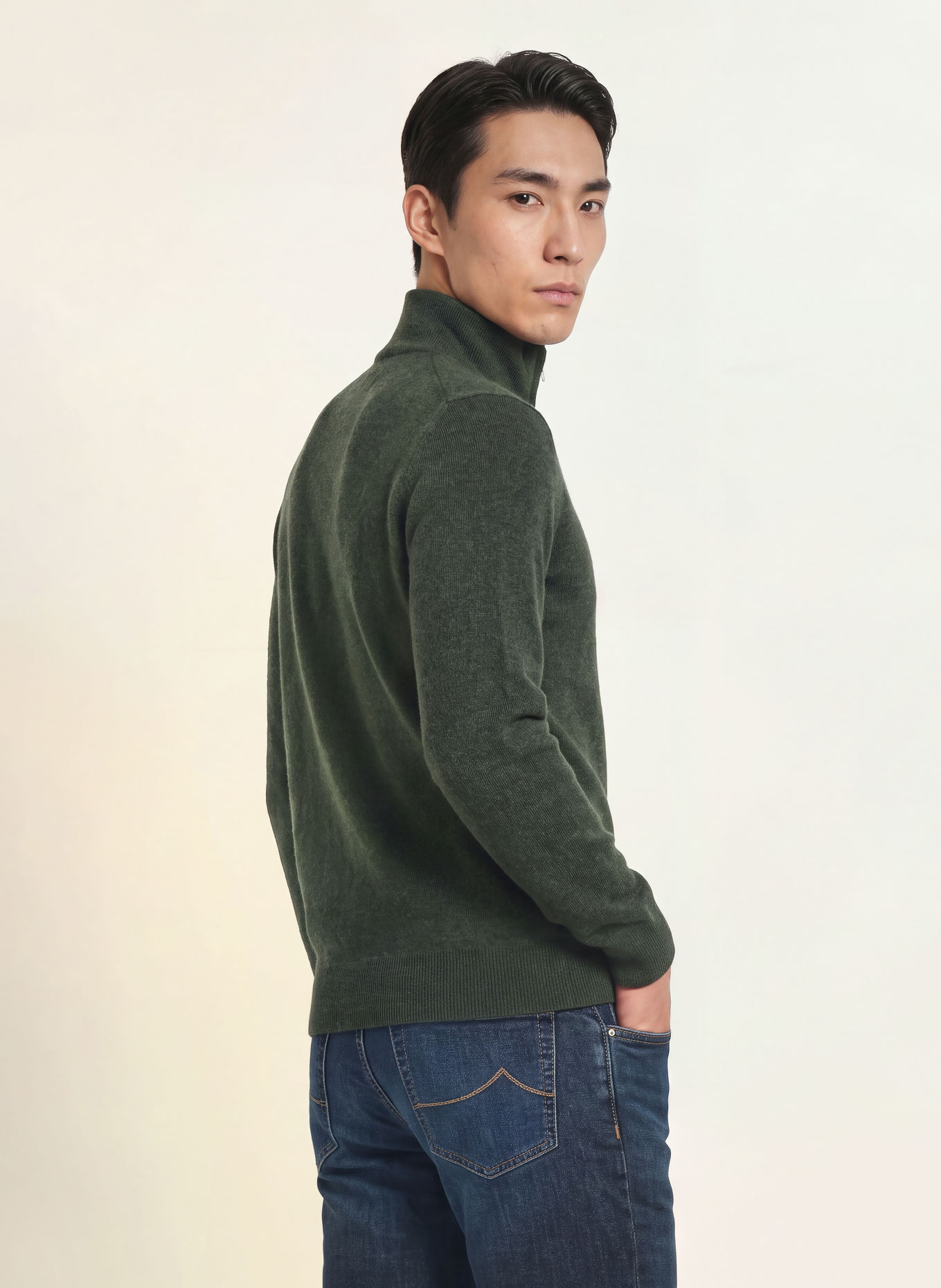 CHAS Cashmere Half-zip sweater: OLIVE