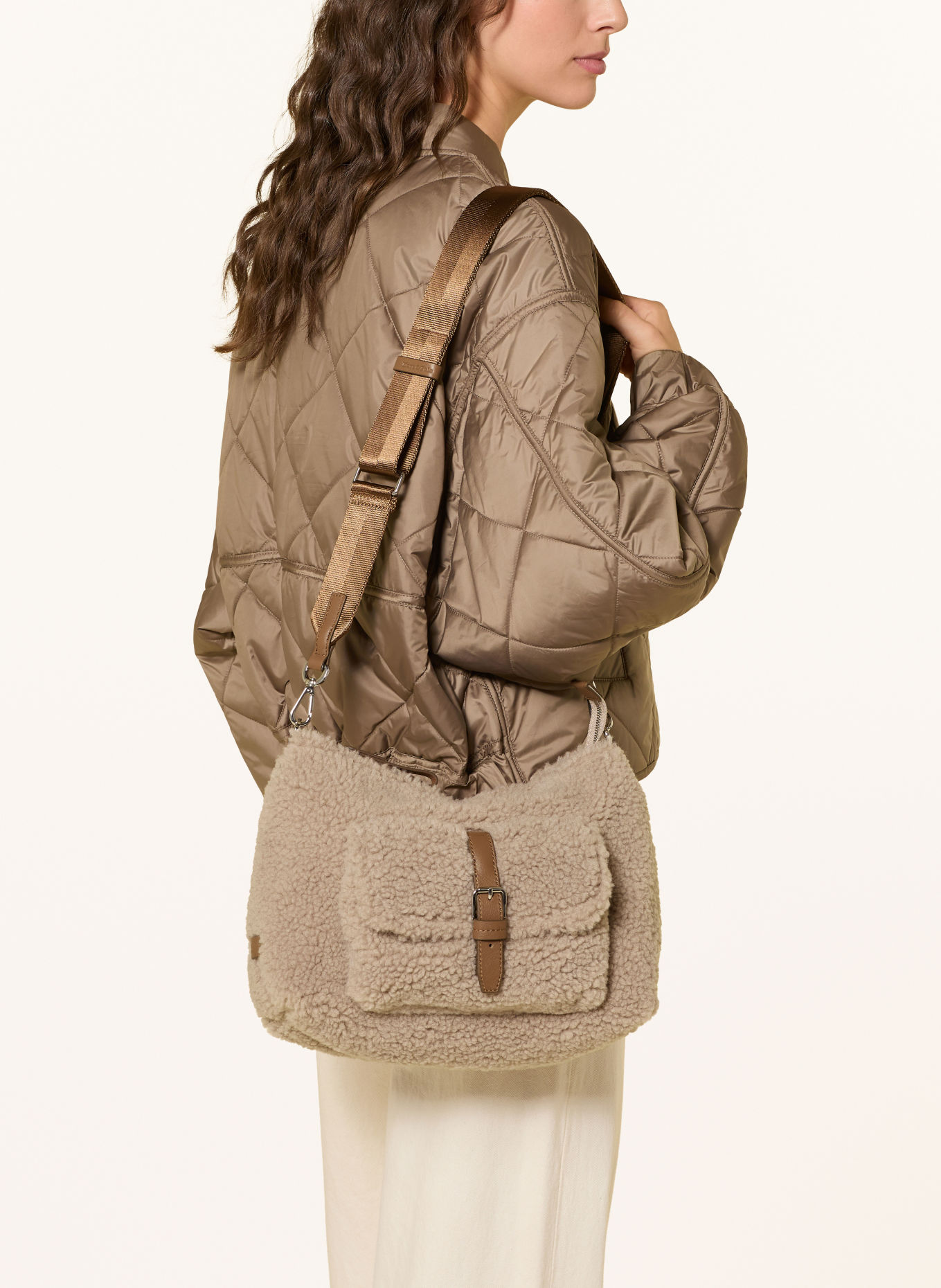 Marc O'Polo Teddy fur shoulder bag: BEIGE / SILVER / BROWN