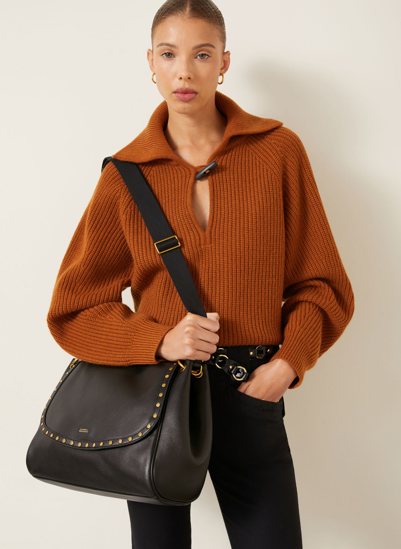 ISABEL MARANT CHANY XL Crossbody Bag with Studs: DARK BROWN / GOLD