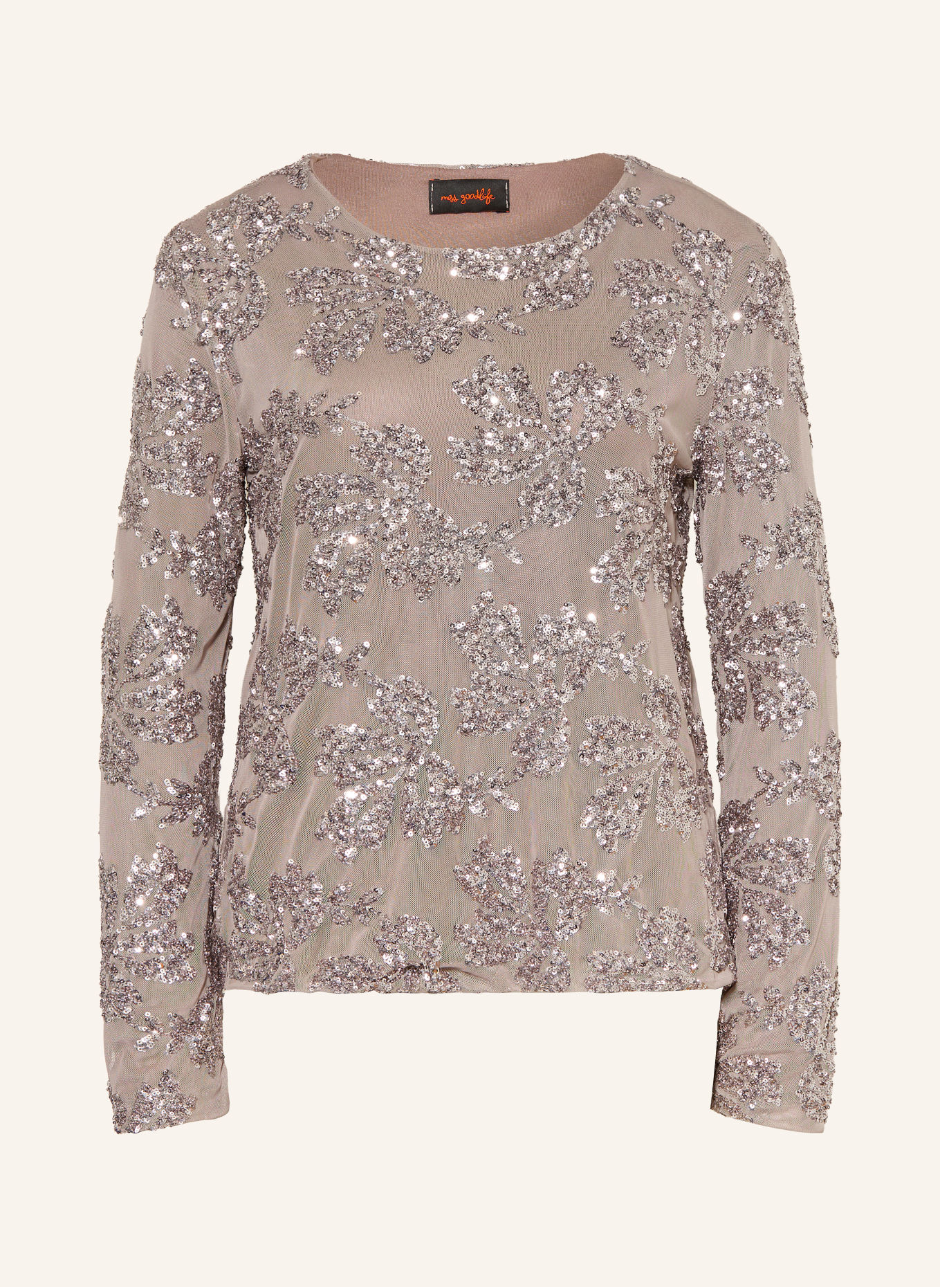 miss goodlife Longsleeve met lange mouwen van mesh met pailletten: TAUPE / PLATINA
