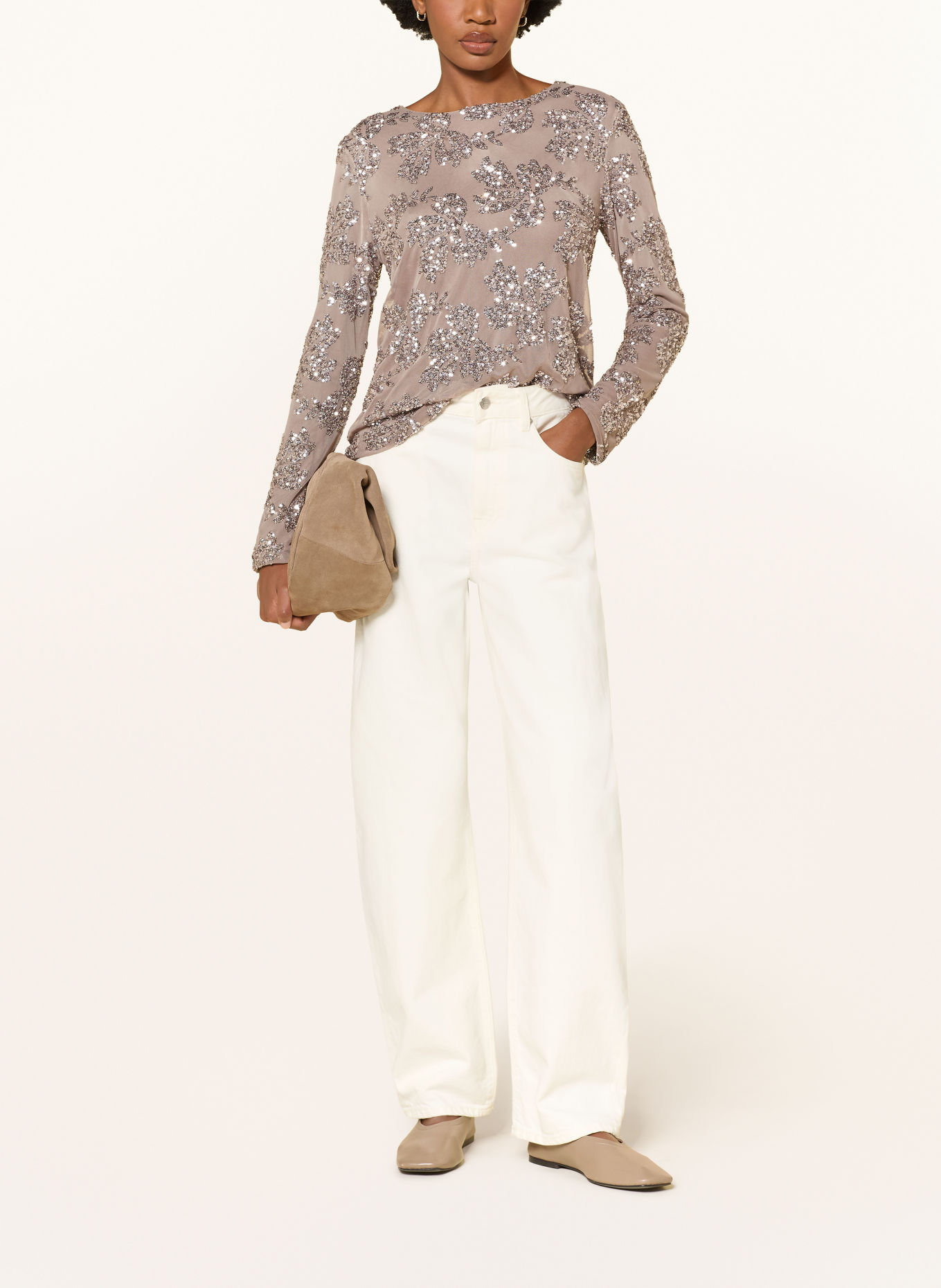 miss goodlife Longsleeve met lange mouwen van mesh met pailletten: TAUPE / PLATINA