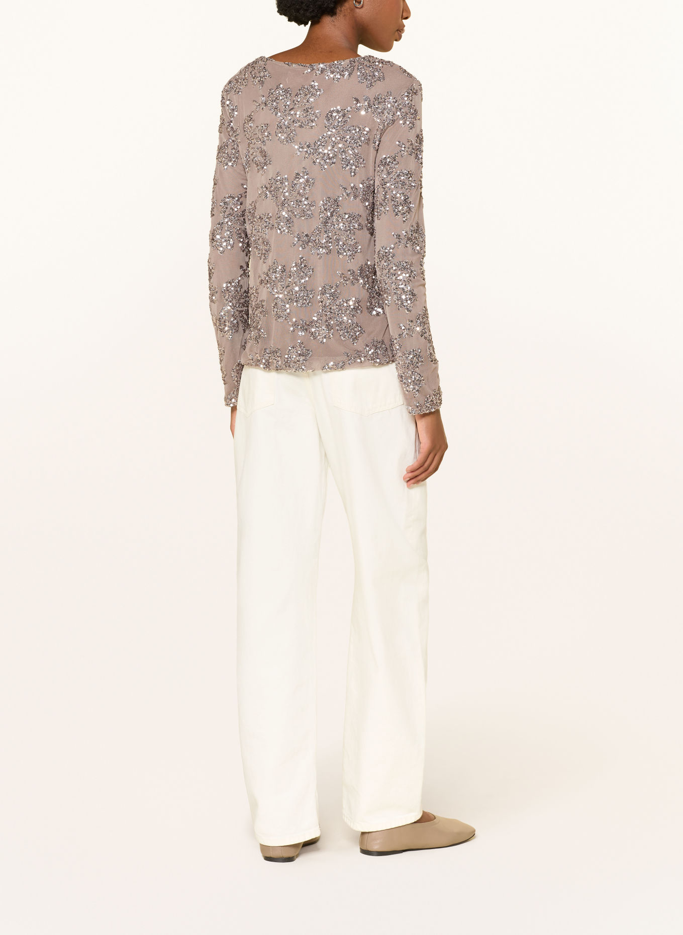 miss goodlife Longsleeve met lange mouwen van mesh met pailletten: TAUPE / PLATINA