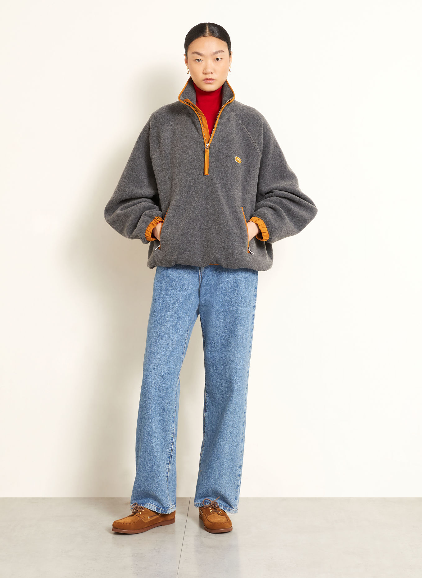 Ami Paris Fleece-trøje med lynlås: GRÅ / MØRKEORANGE