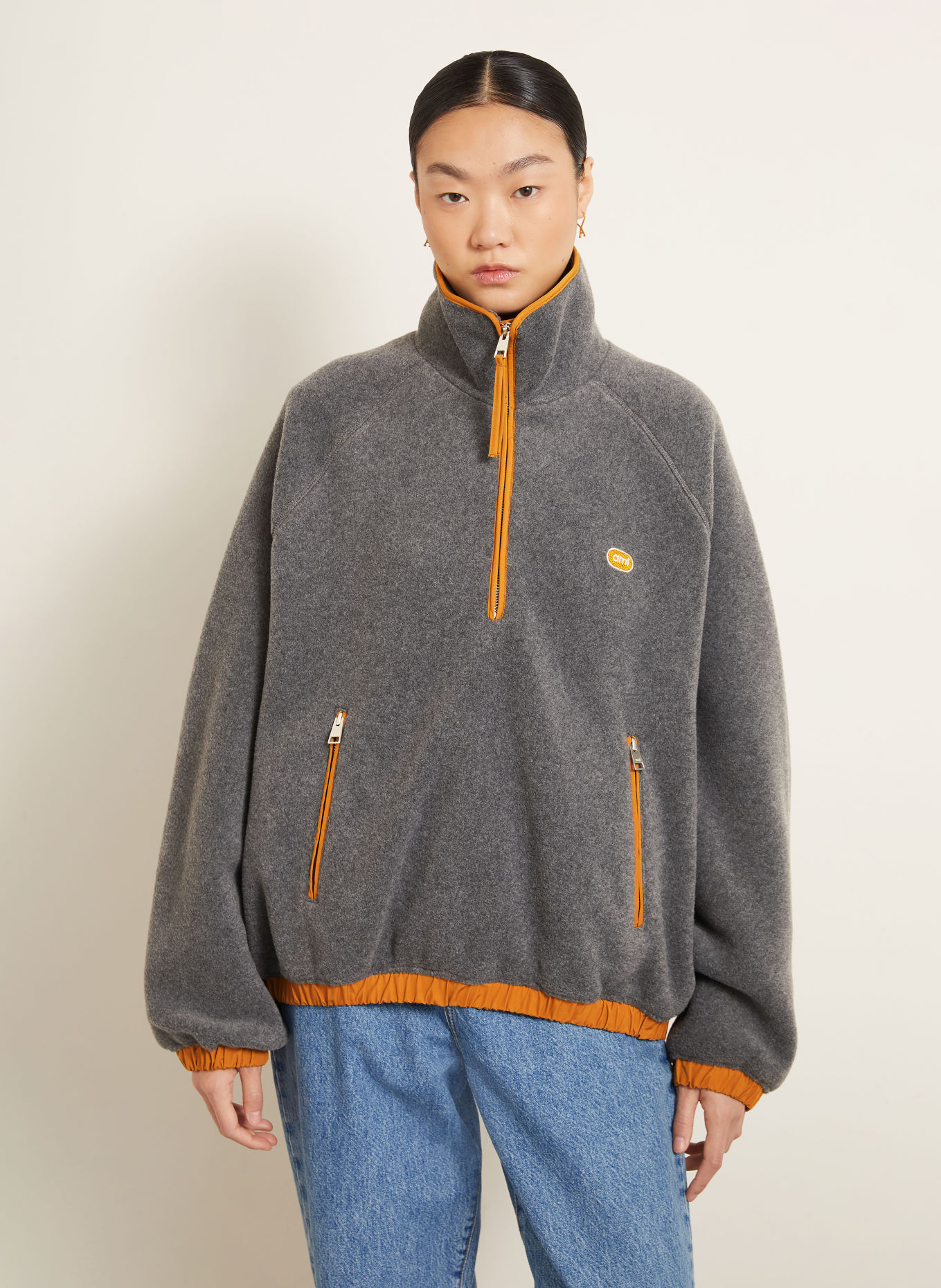 Ami Paris Fleece-trøje med lynlås: GRÅ / MØRKEORANGE