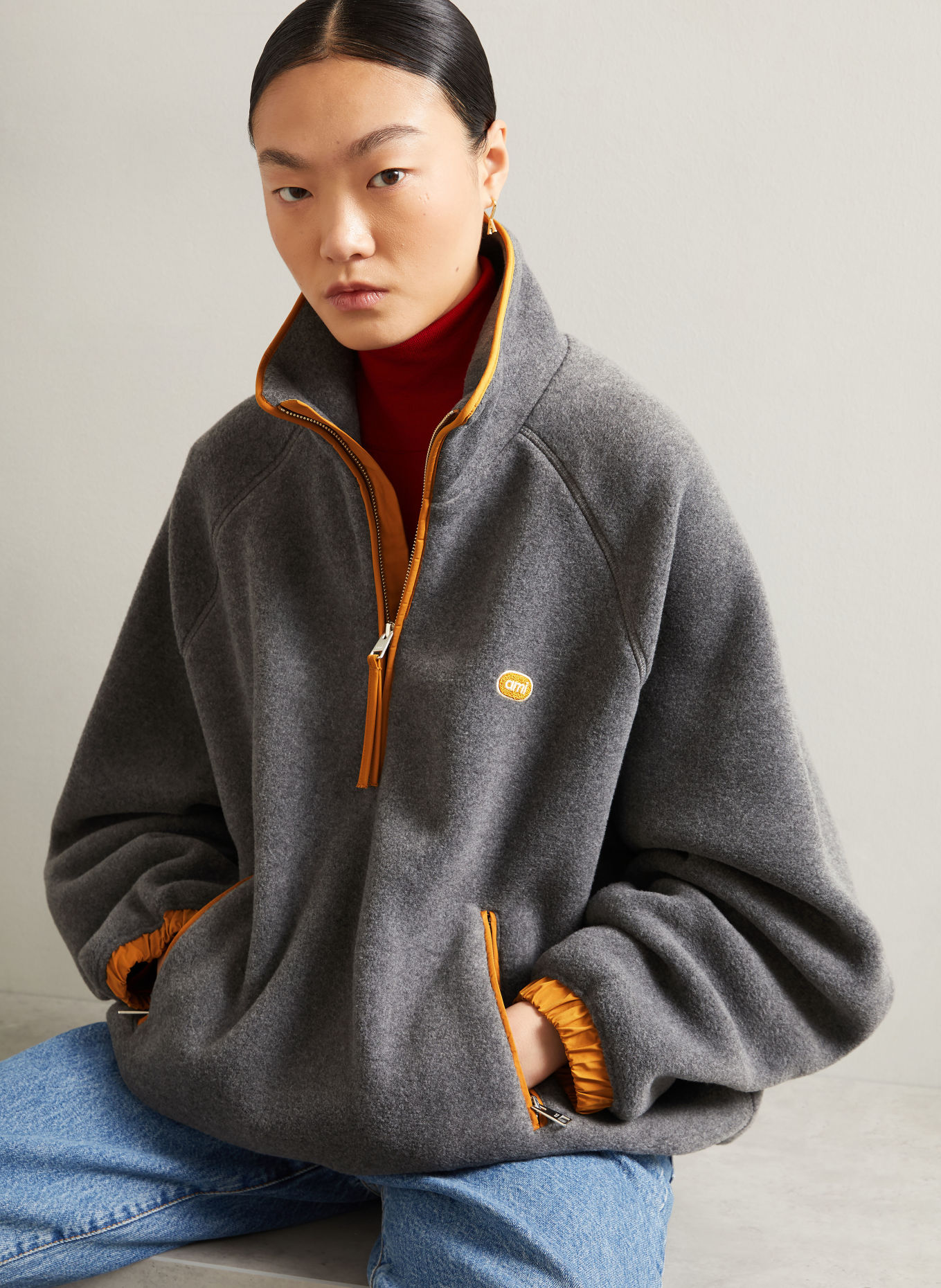 Ami Paris Fleece-trøje med lynlås: GRÅ / MØRKEORANGE