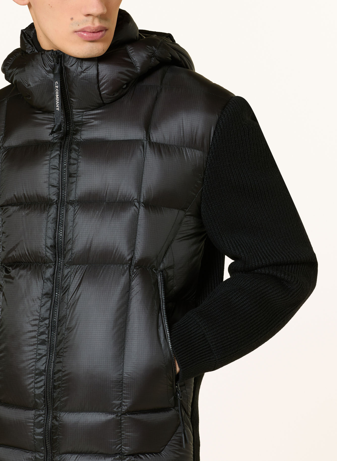 C.P. COMPANY Down jacket made from a blend of materials including merino wool: BLACK
