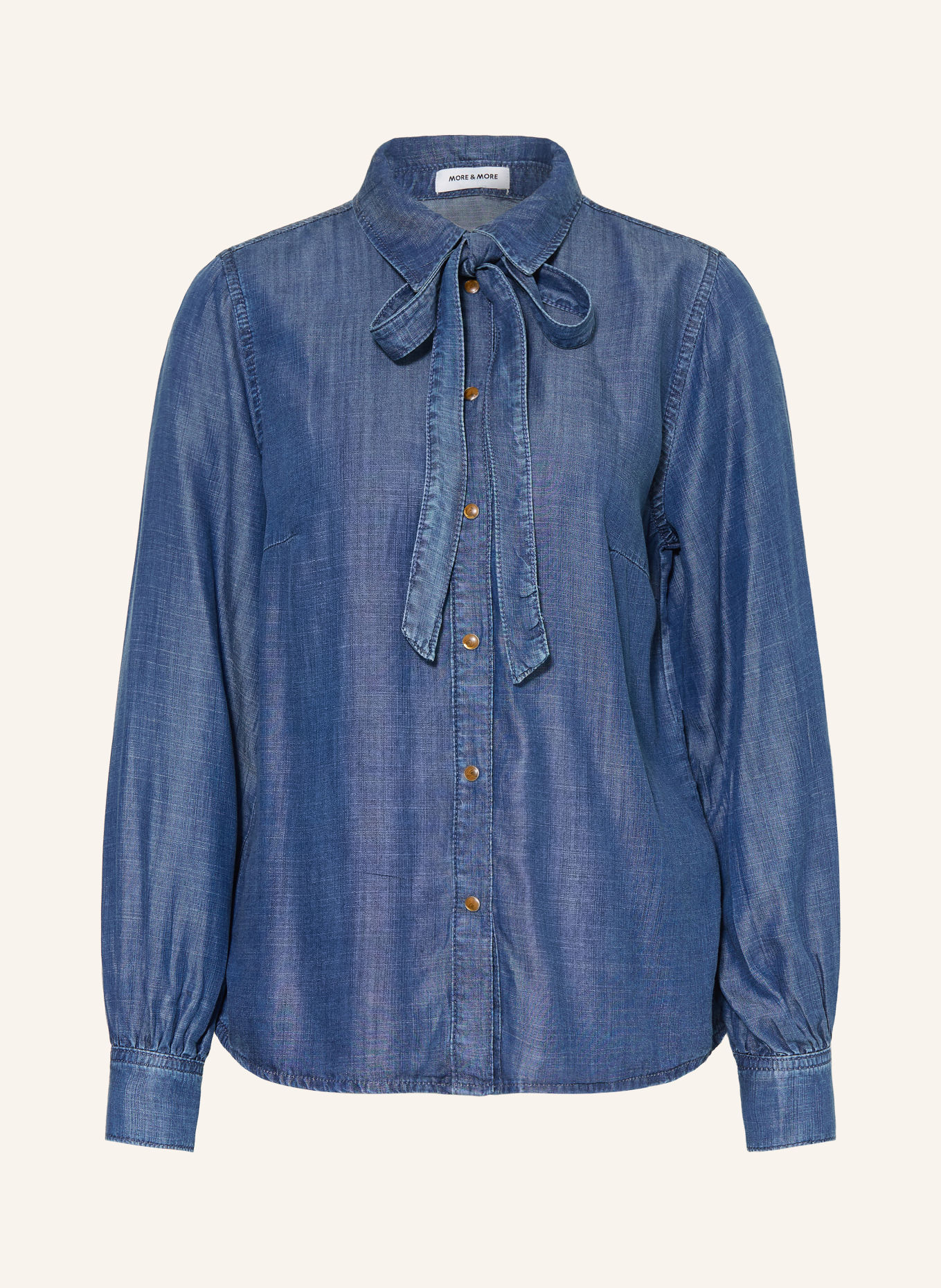 MORE & MORE Denim-look shirt blouse with a detachable bow tie: BLUE