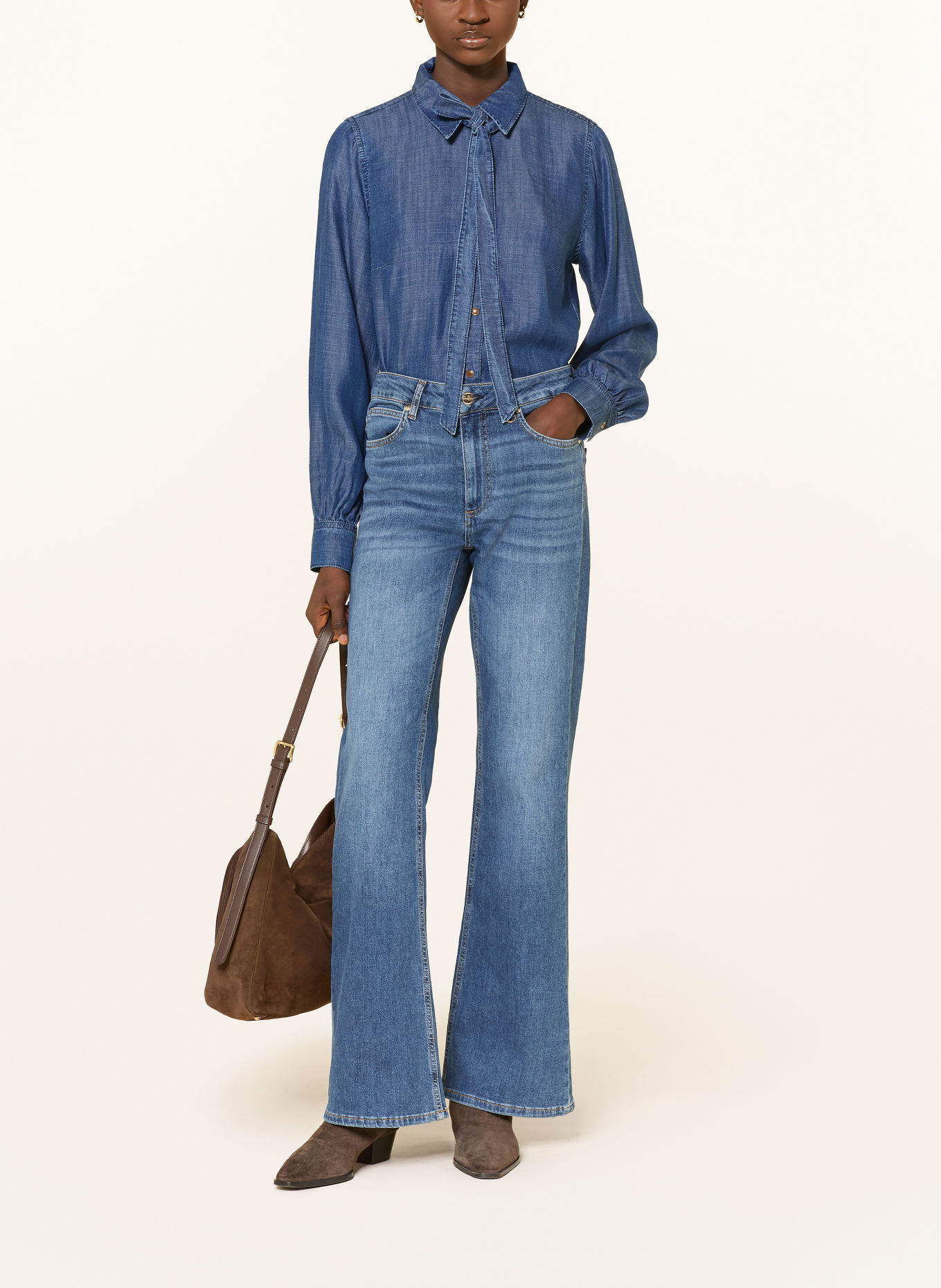 MORE & MORE Denim-look shirt blouse with a detachable bow tie: BLUE