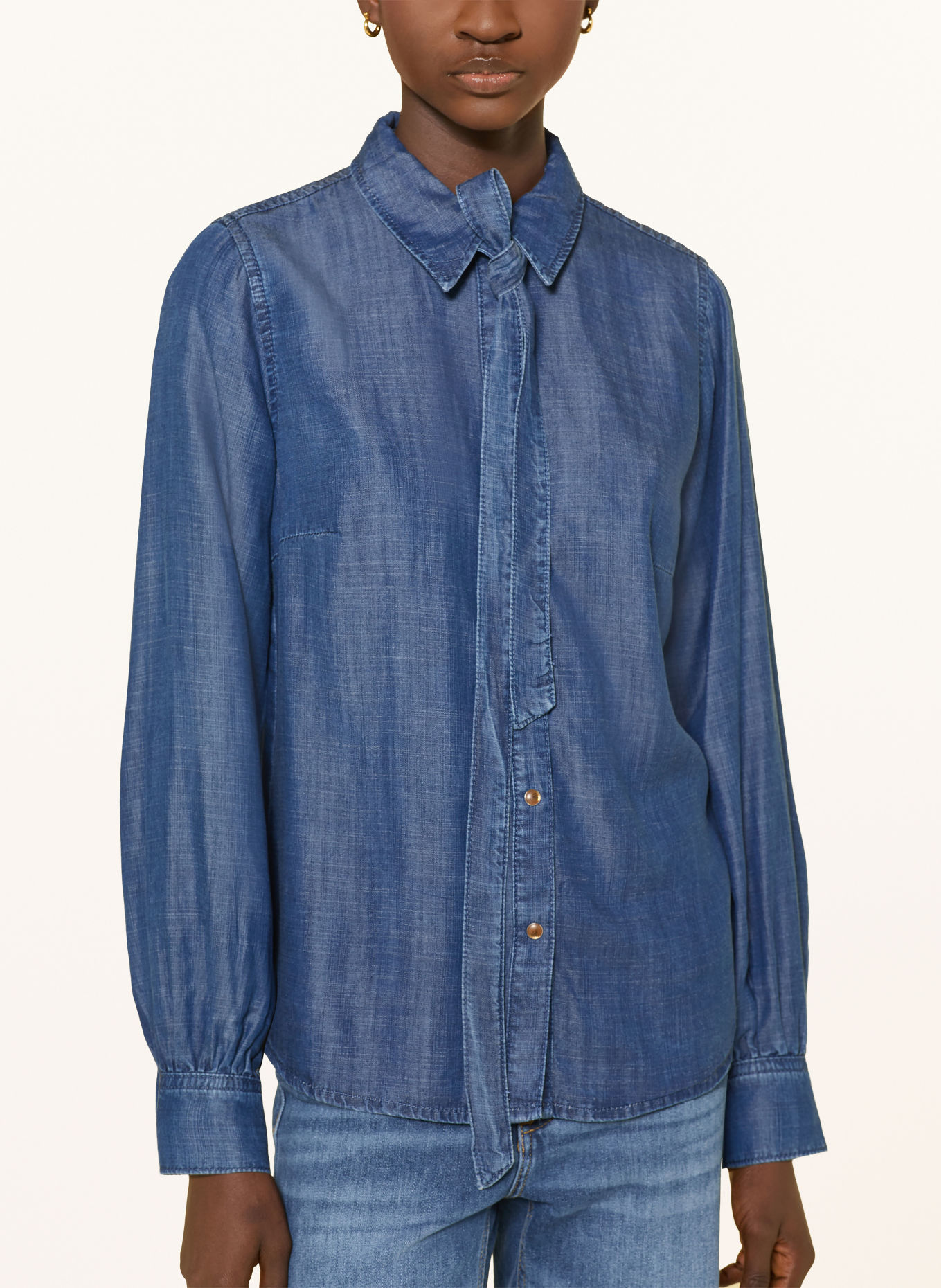 MORE & MORE Denim-look shirt blouse with a detachable bow tie: BLUE