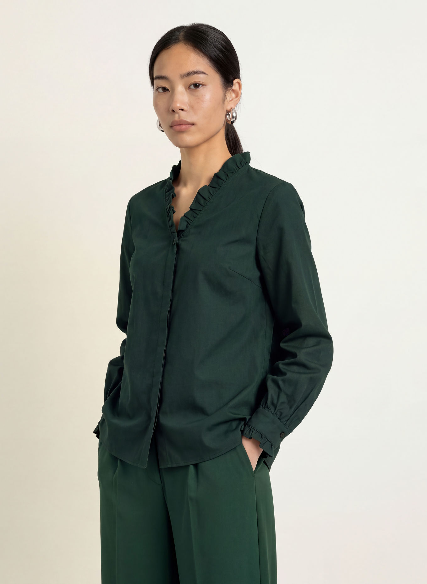 MORE & MORE Blouse with Ruffles: DARK GREEN