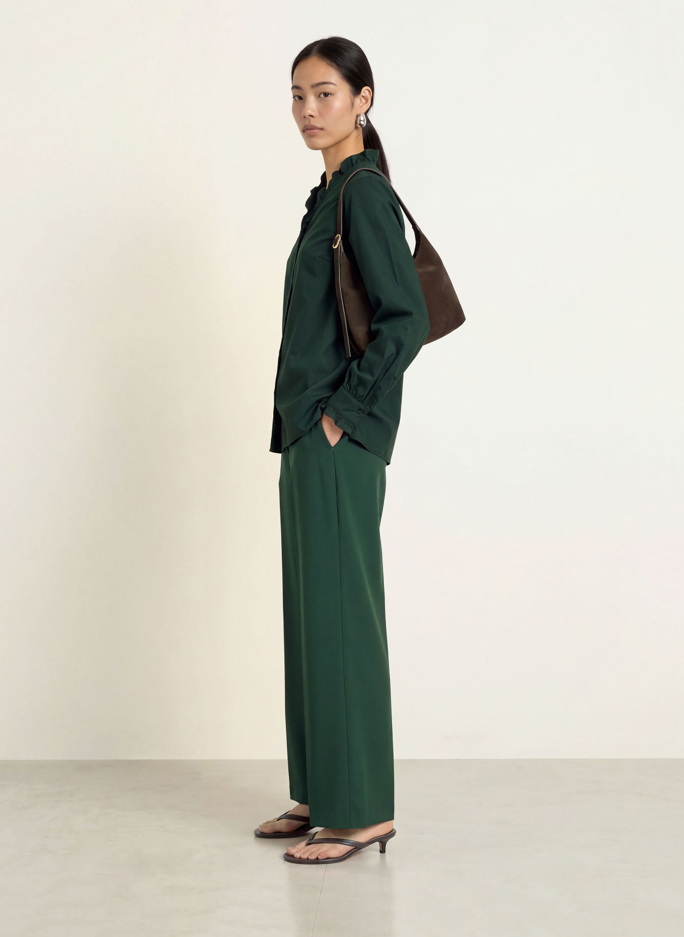 MORE & MORE Blouse with Ruffles: DARK GREEN