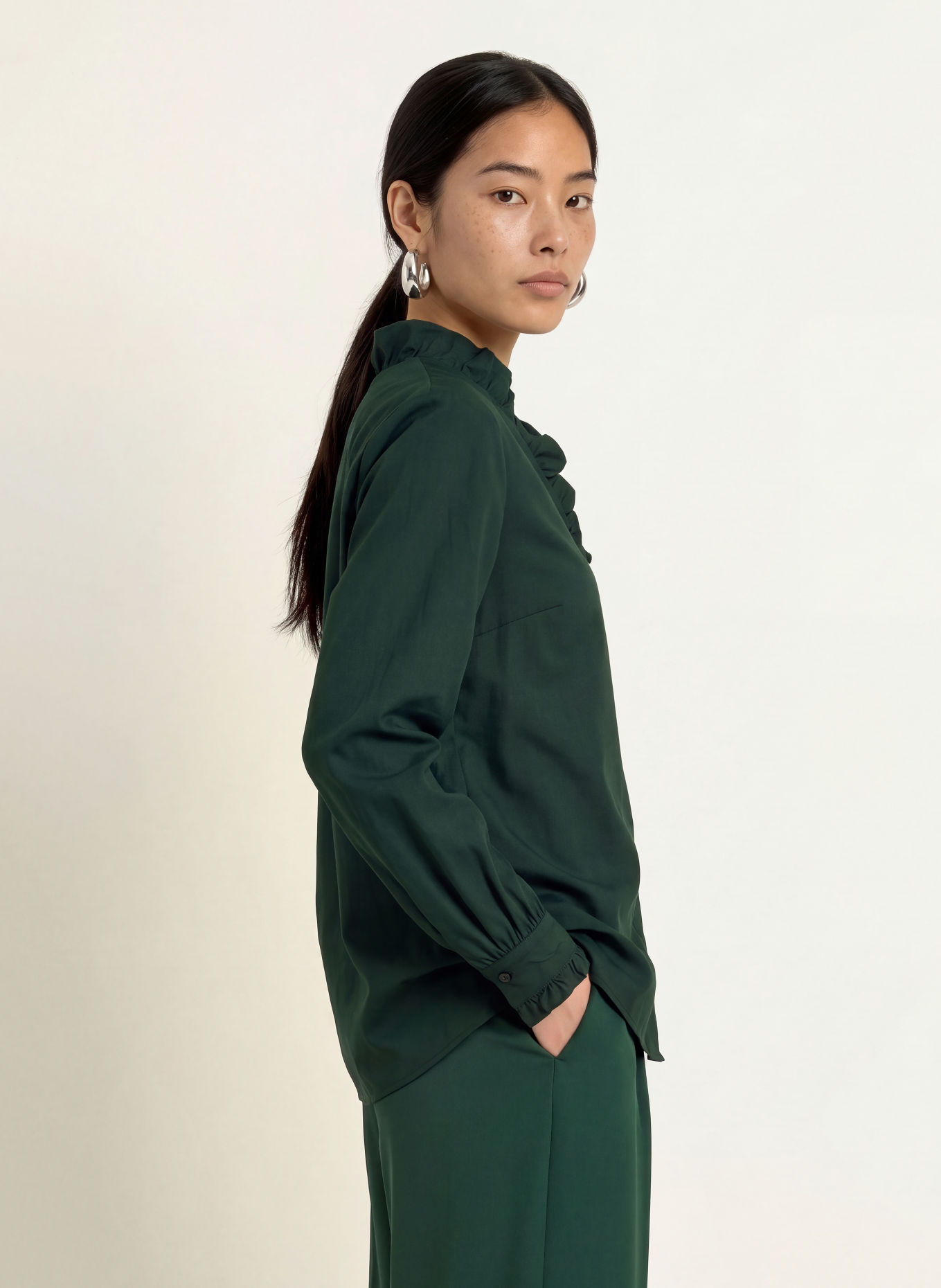MORE & MORE Blouse with Ruffles: DARK GREEN