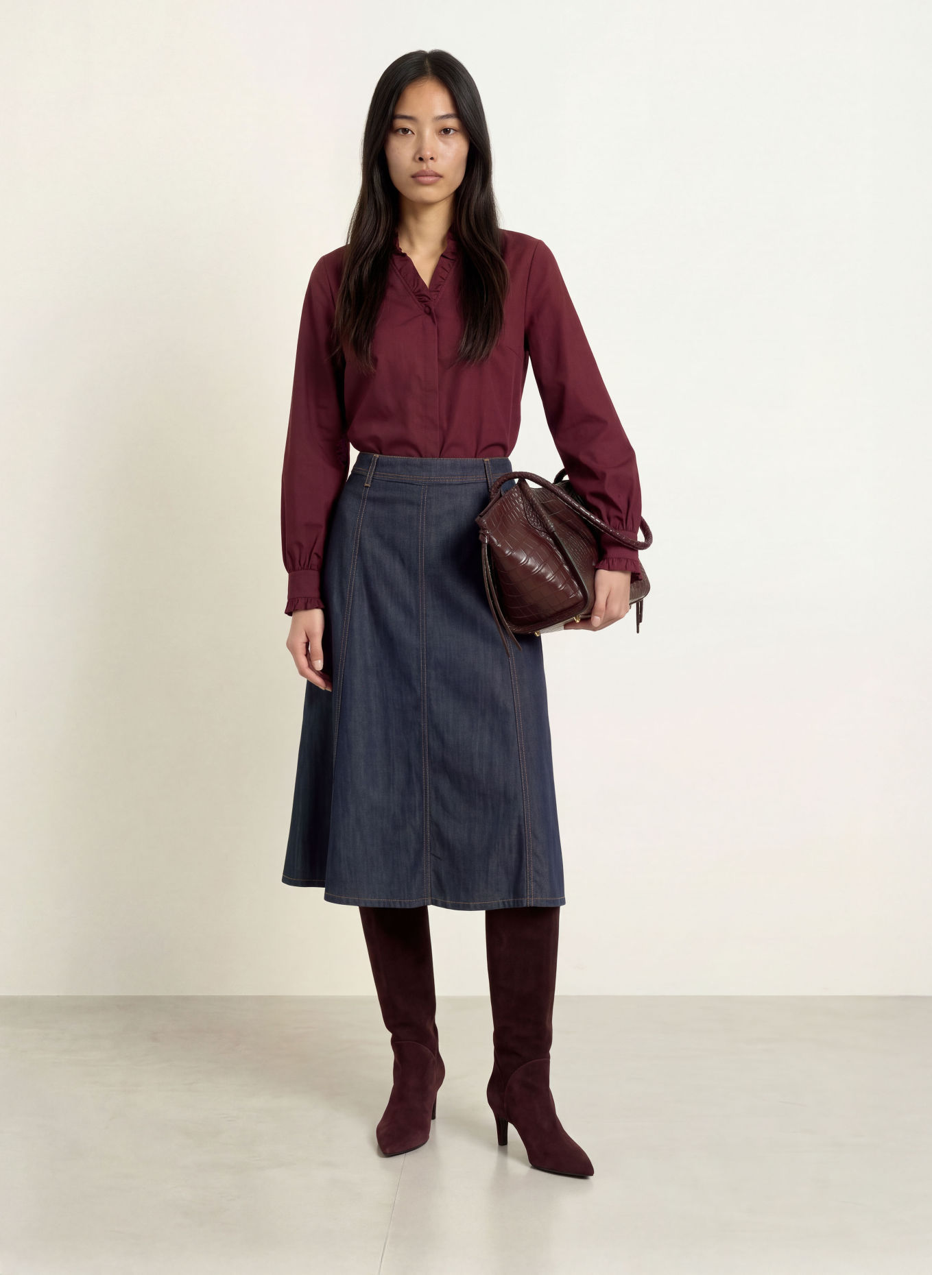 MORE & MORE Blouse with Ruffles: DARK RED