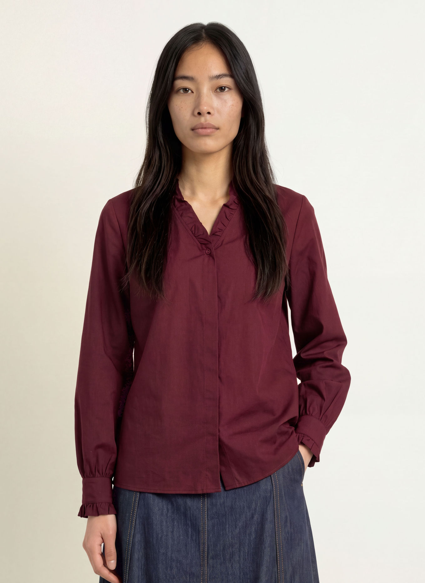 MORE & MORE Blouse with Ruffles: DARK RED