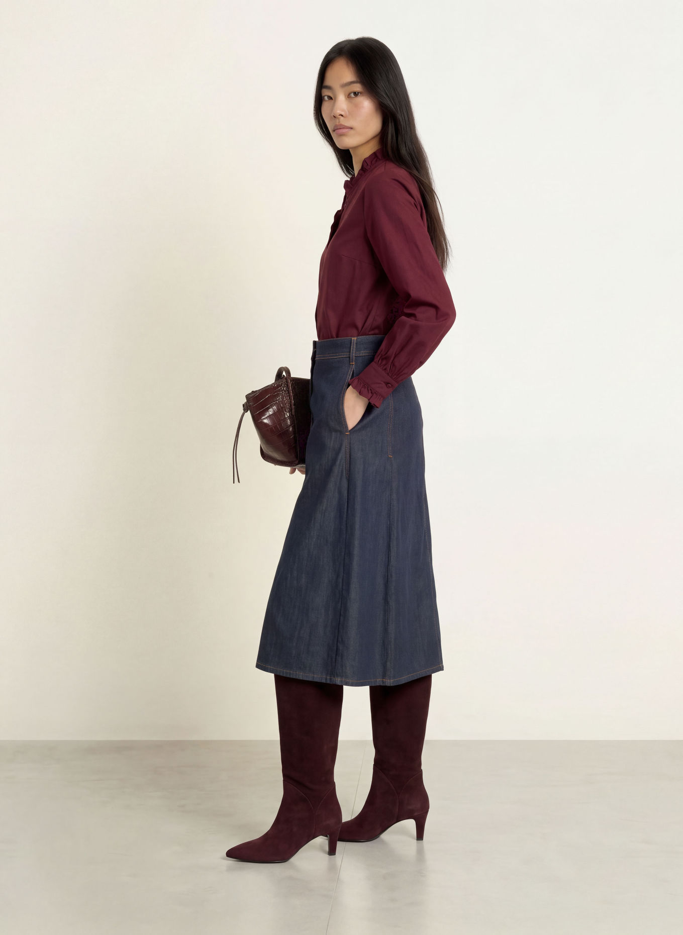 MORE & MORE Blouse with Ruffles: DARK RED